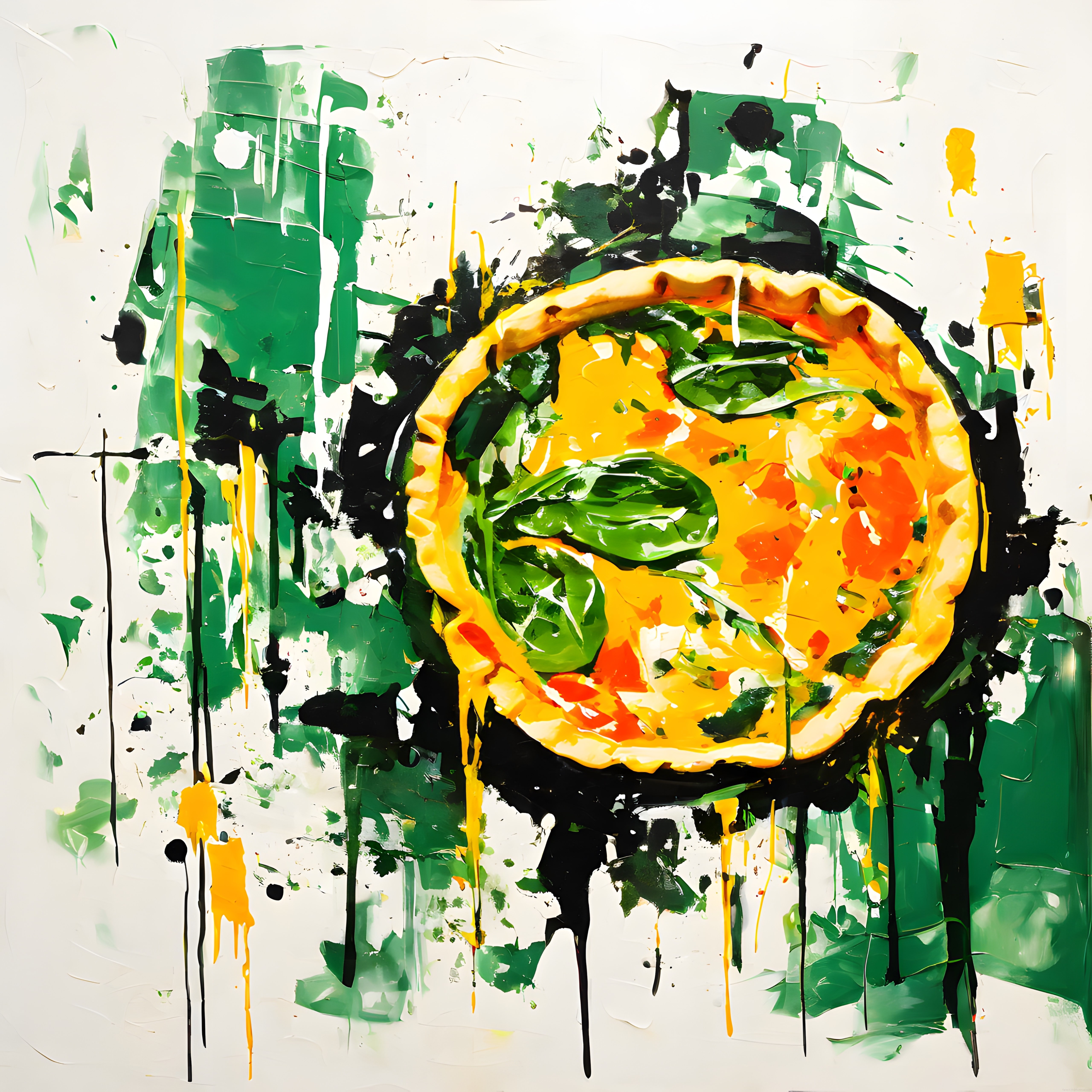 Soyut Drip Boya Tekniğiyle Yapılmış Pizza Temalı Modern Sanat Eseri