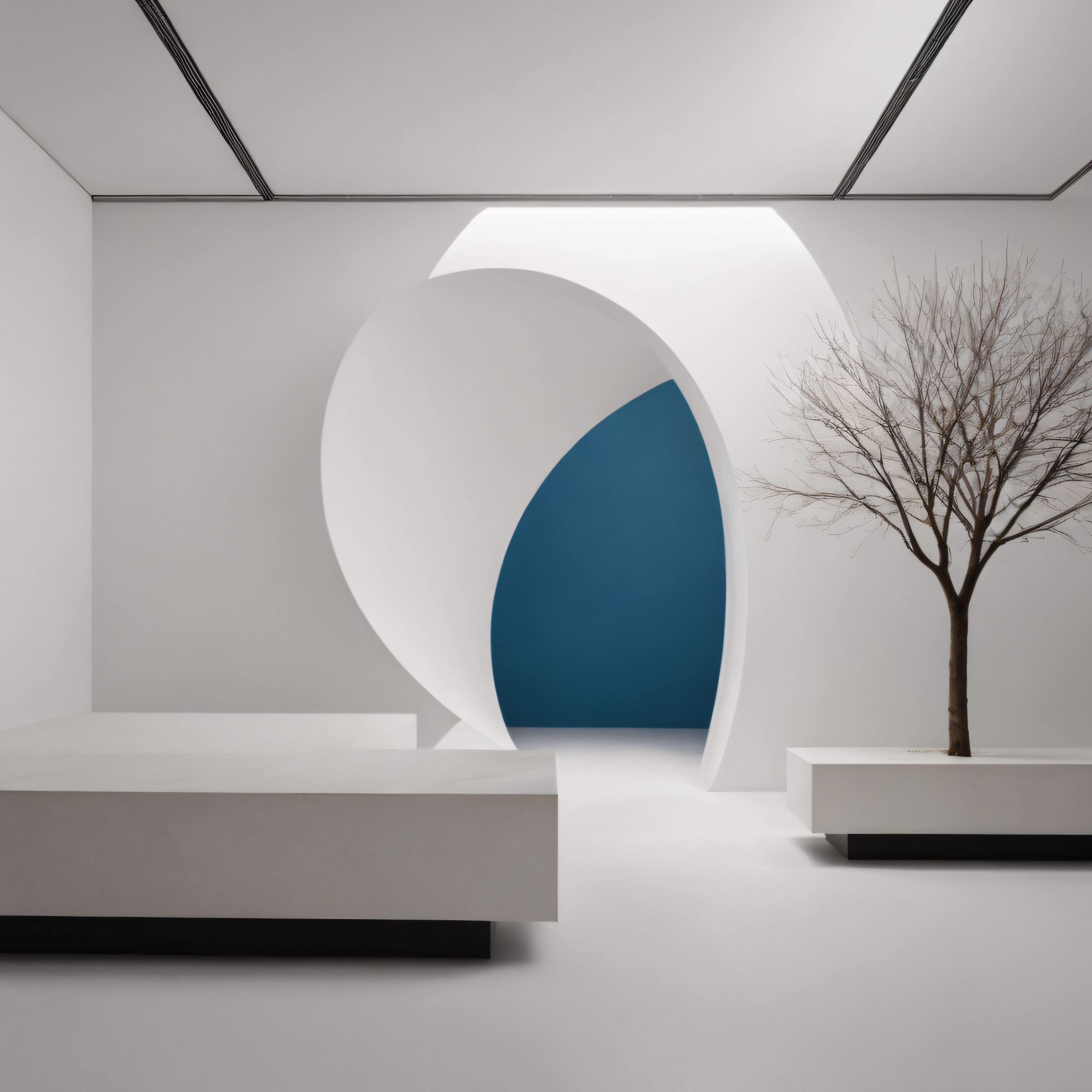 Soyut Geometrik Formlar ve Mavi Vurgularla Minimalist Mimarî İç Mekân Soyut Geometrik Formlar ve Mavi Vurgularla Minimalist Mimarî İç Mekân