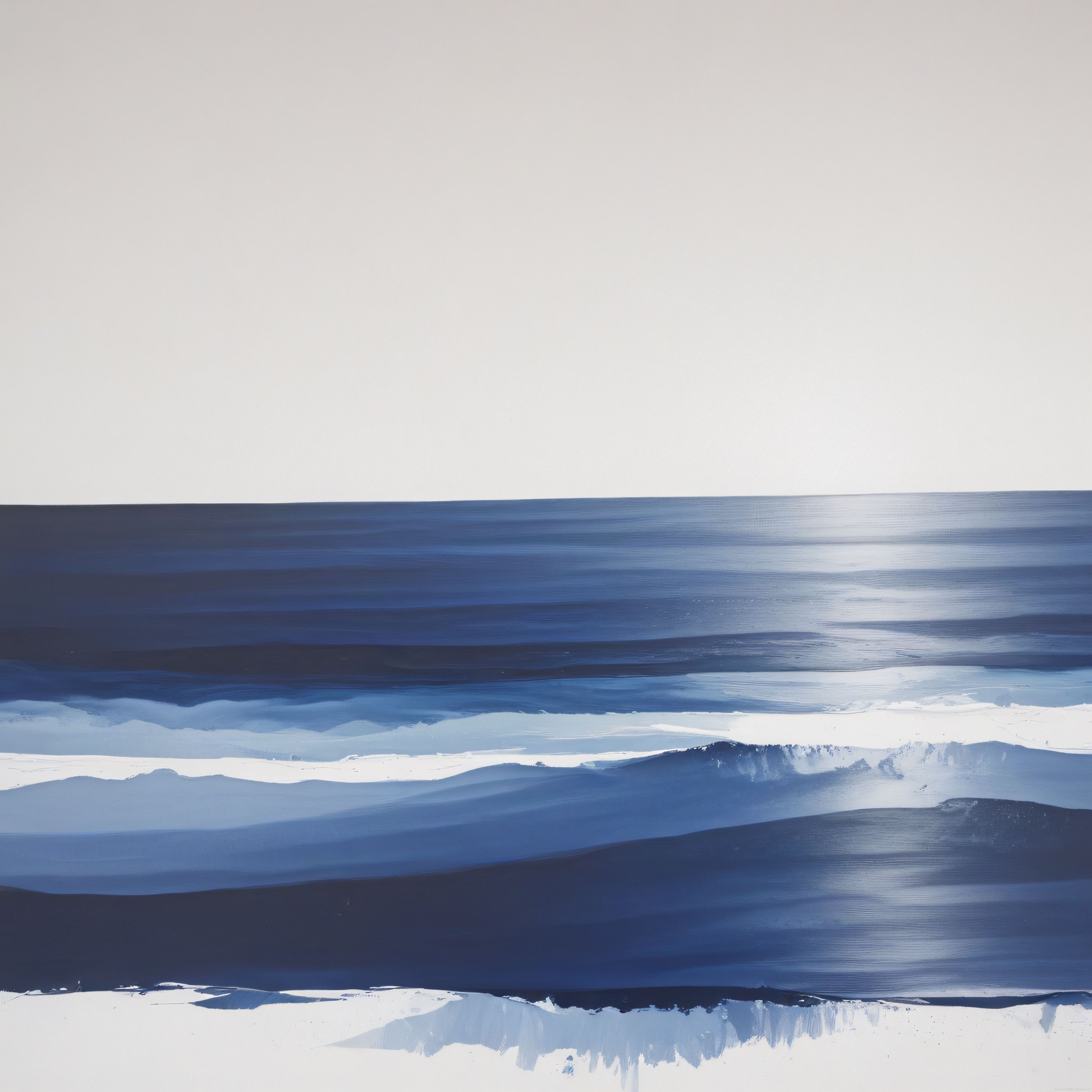 Soyut Mavi Deniz Katmanları ve Gri Gökyüzüyle Minimalist Sanat Eseri