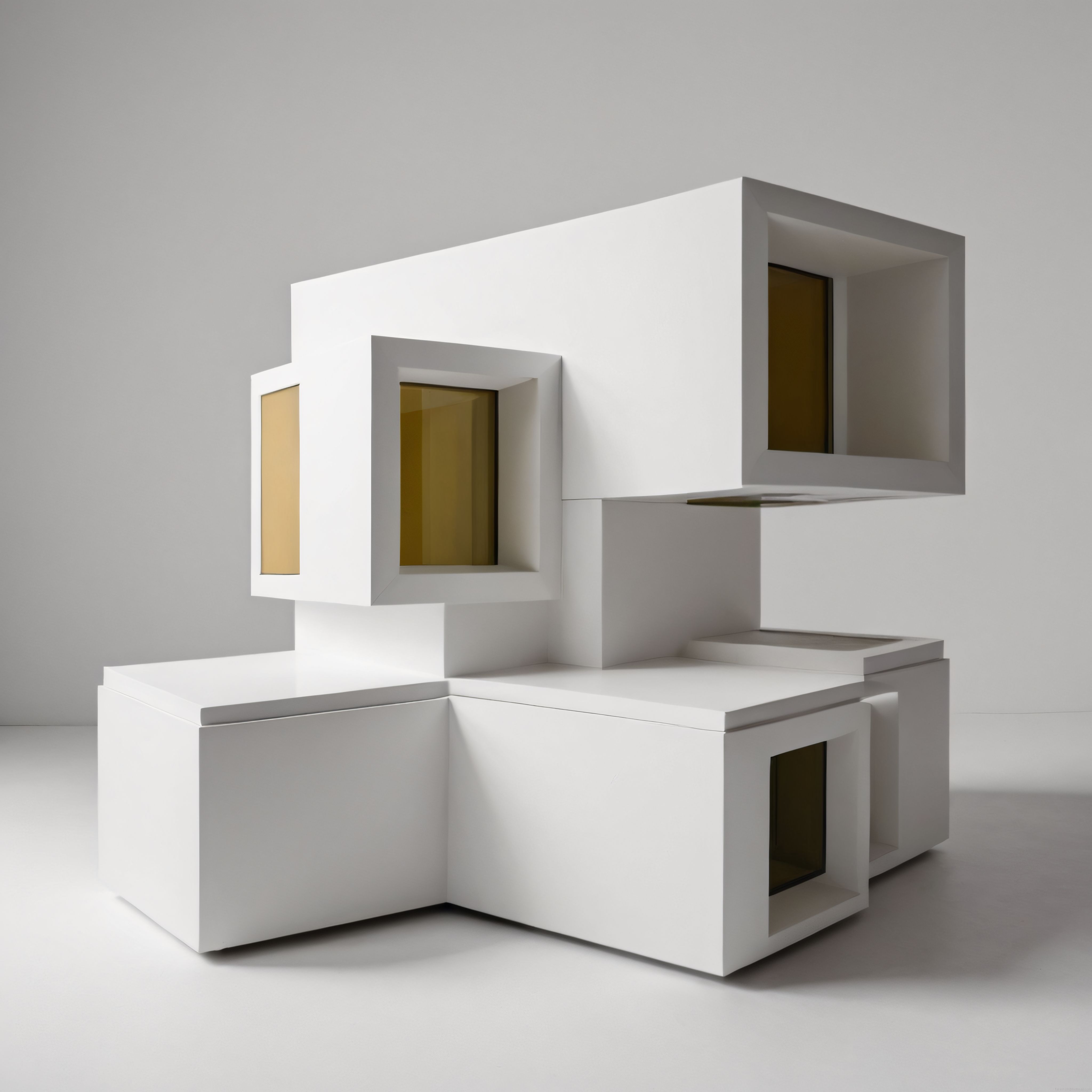 Soyut Minimalist Kübik Mimari: Beyaz Geometrik Formlar ve Amber Pencereler