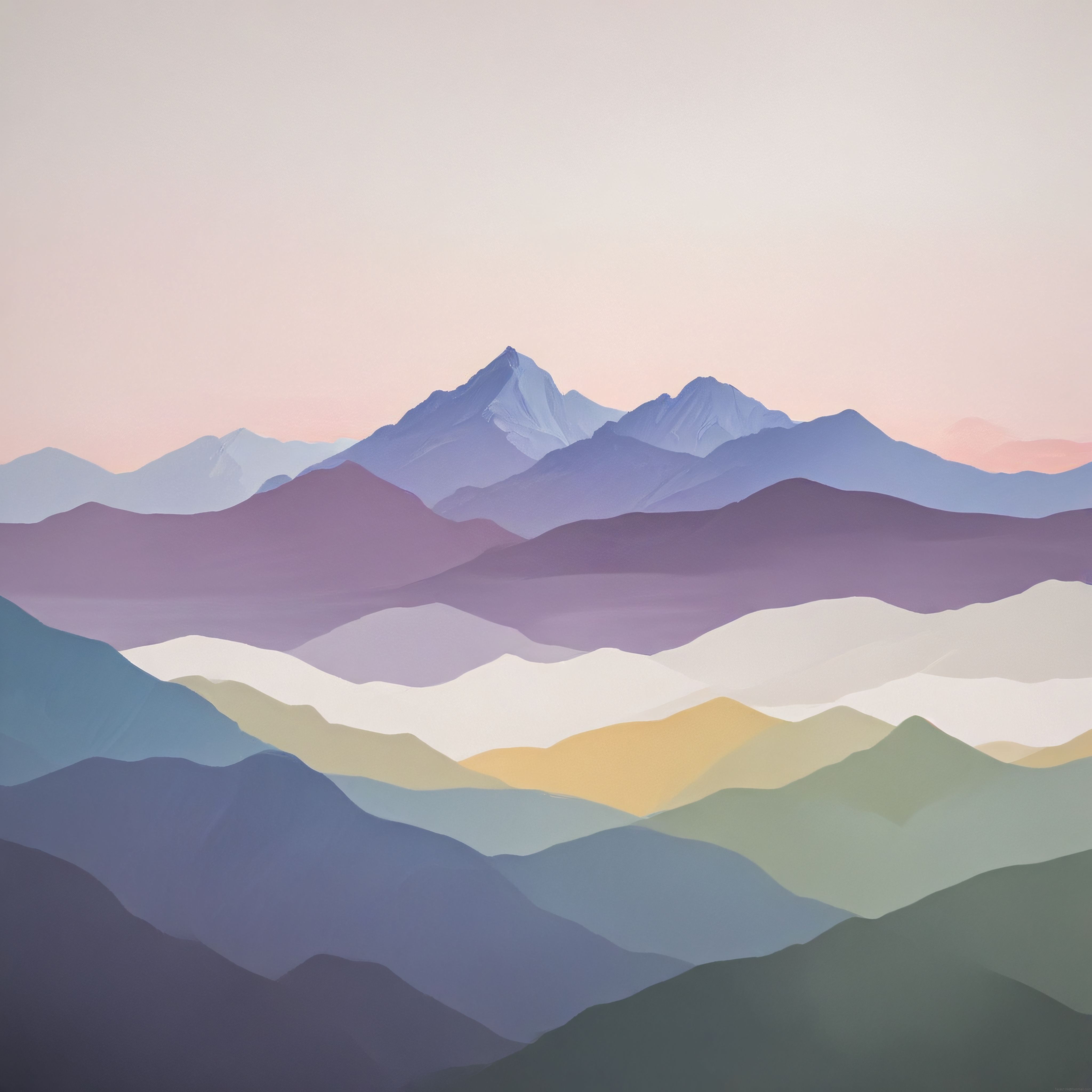 Soyut Minimalist Manzara: Pastel Katmanlı Dağlar ve Gün Batımı Huzuru