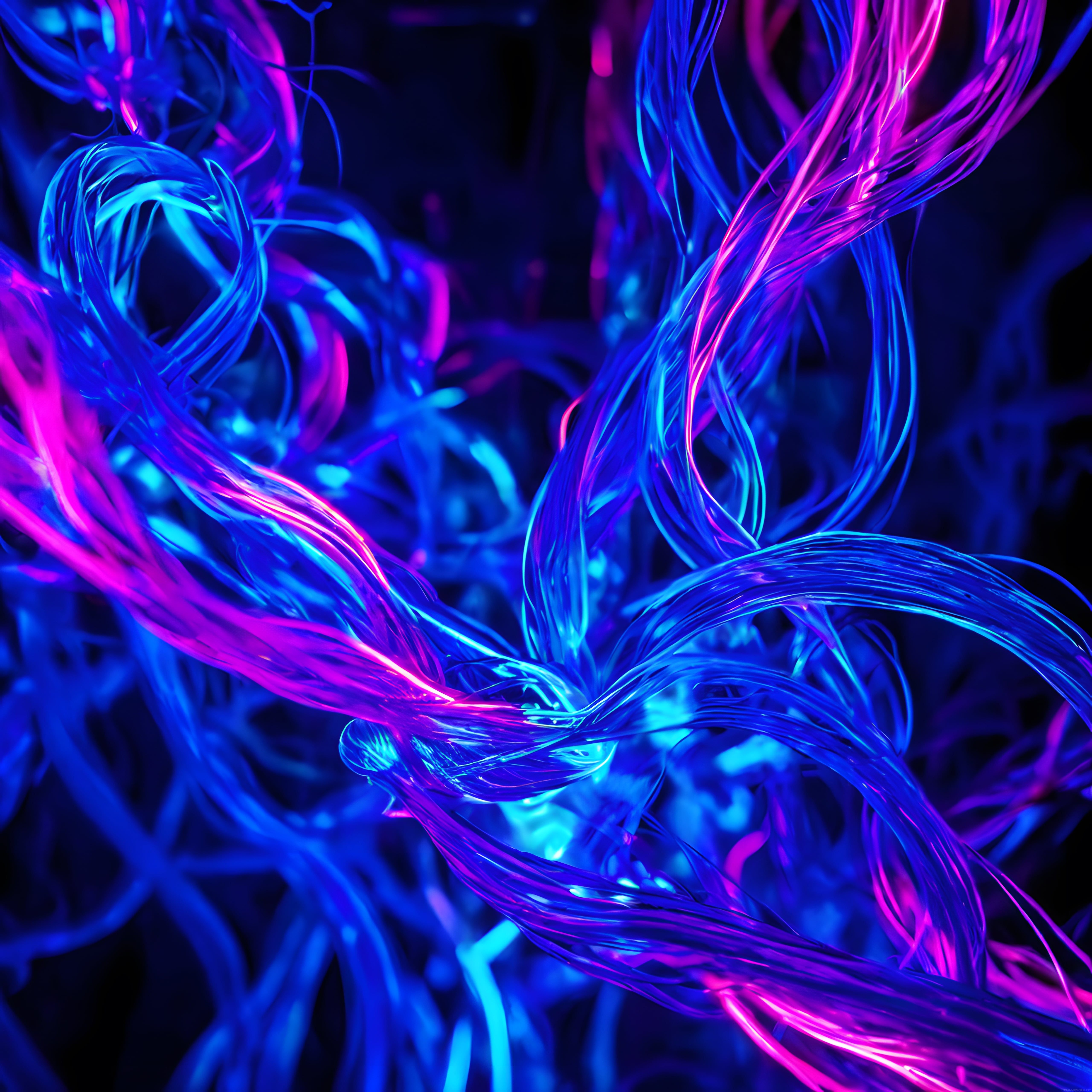 Soyut Neon Dijital Sanat Eseri: Mor Mavi Fiber Optik Işık Dallanmaları