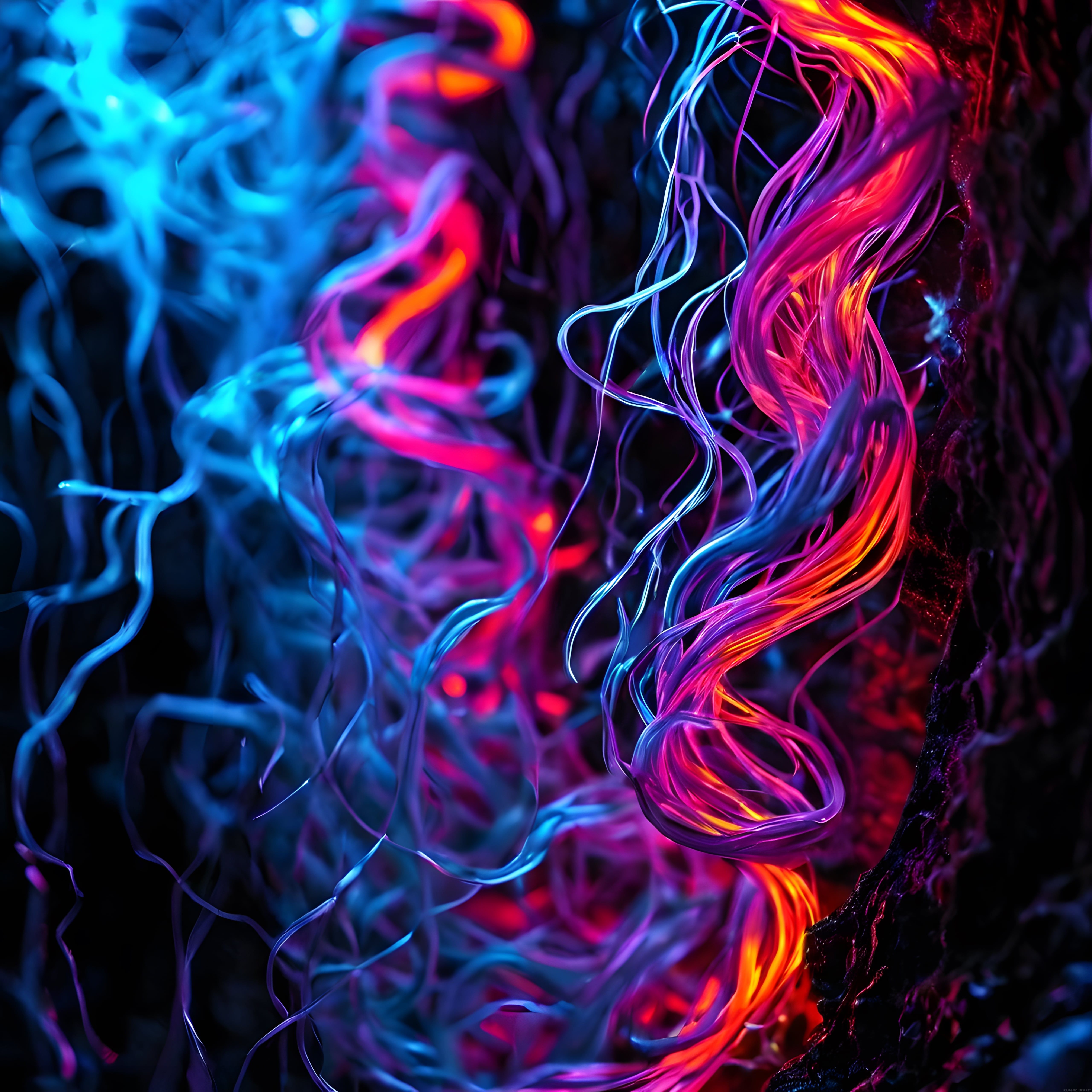 Soyut neon dijital sanat eseri: renkli biyolüminesans lifler ve ışıklı dallar