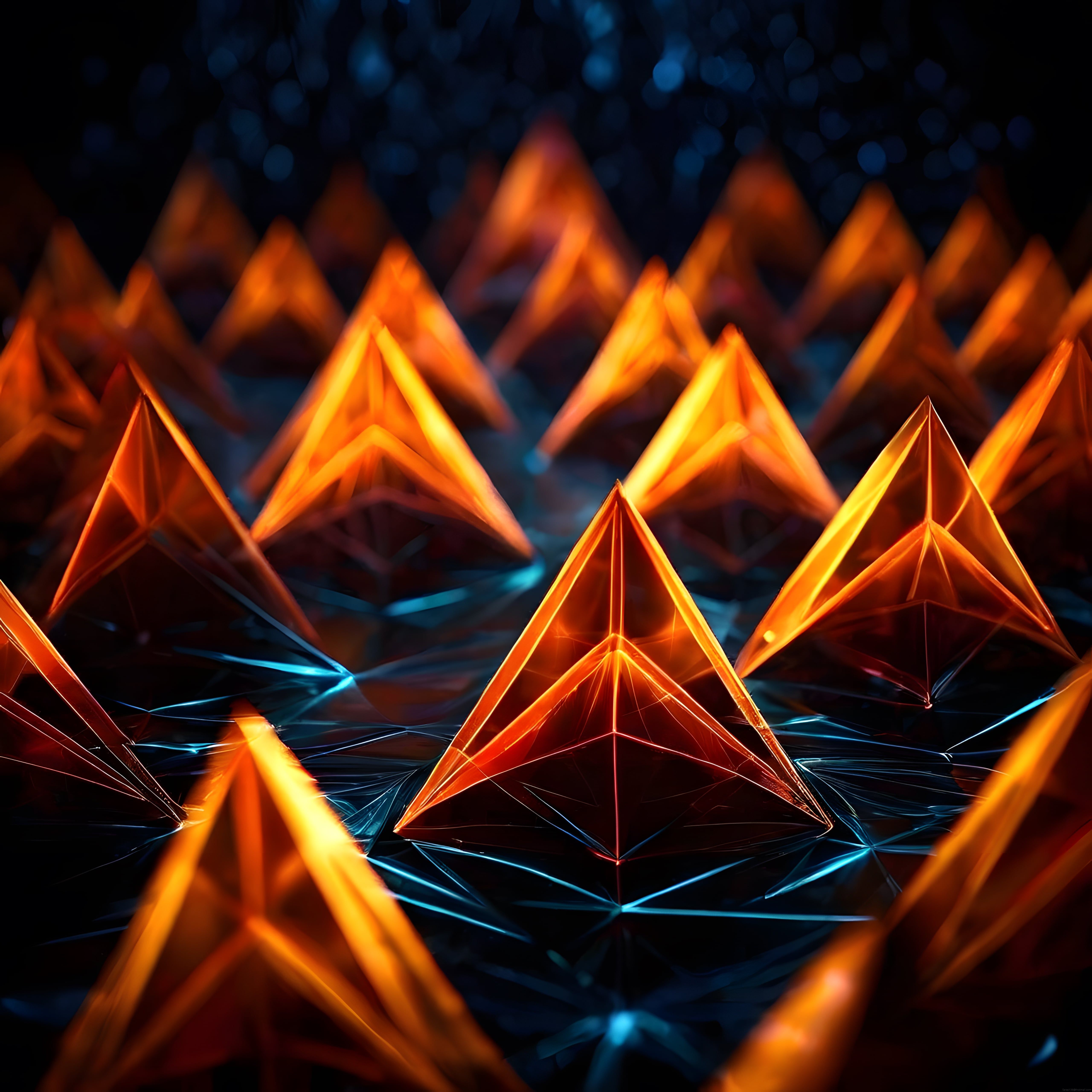 Soyut Neon Geometrik Piramitler ve Parlak Dijital Derinlik Etkisi