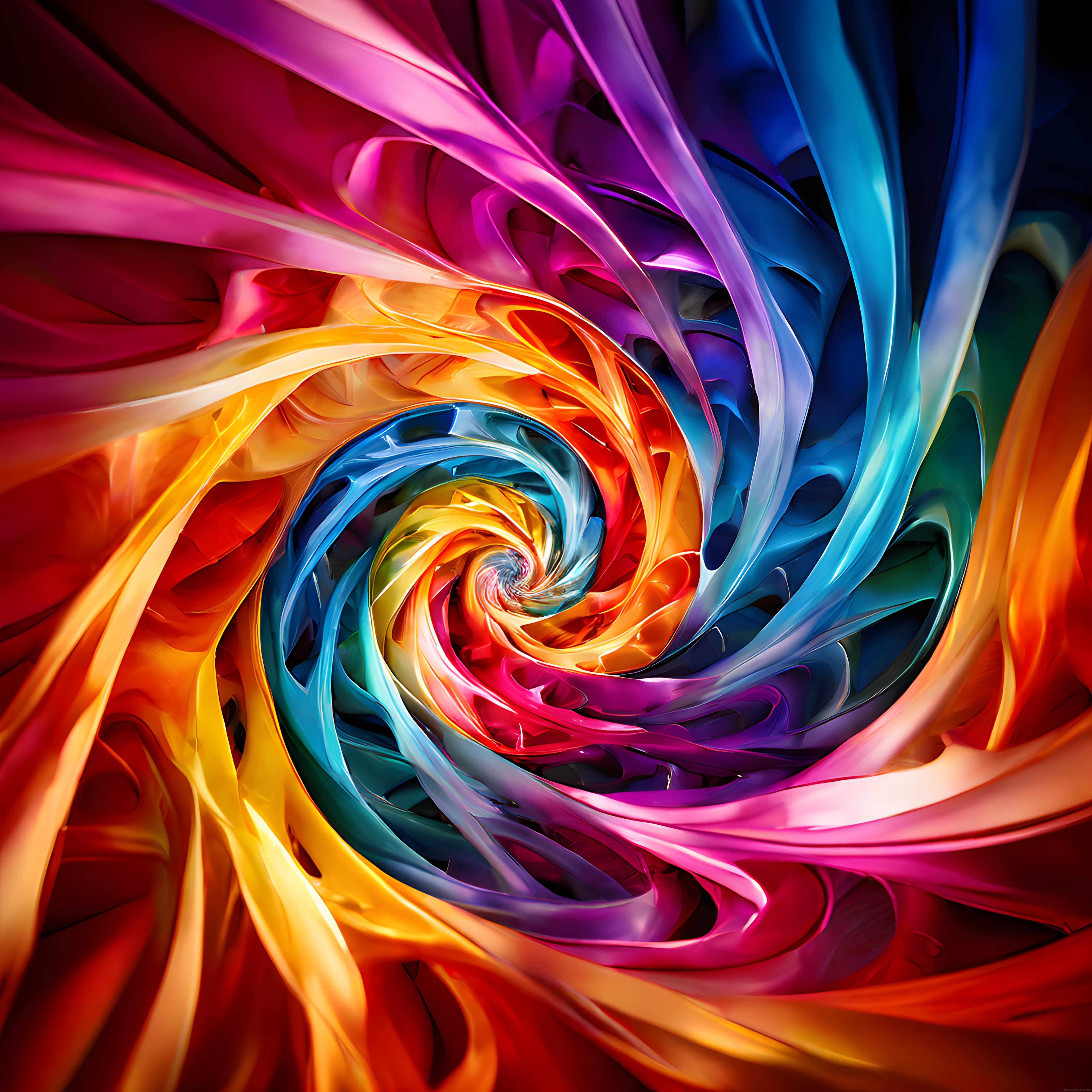 Soyut Spiral Gökkuşağı Renkleriyle Dijital Sanat Eseri ve 3D Formlar