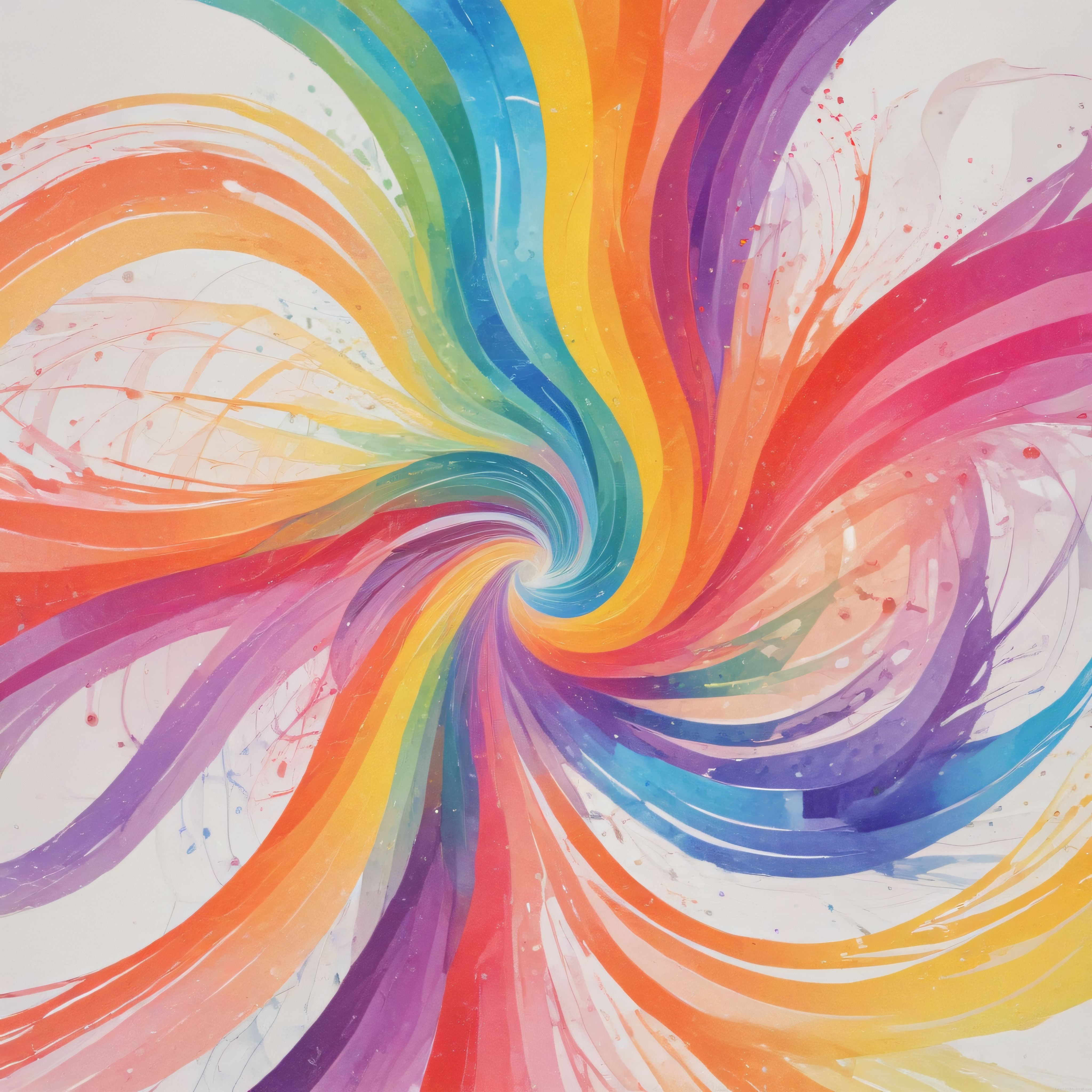 Soyut suluboya spiral kompozisyon ve canlı gökkuşağı fırça darbeleri