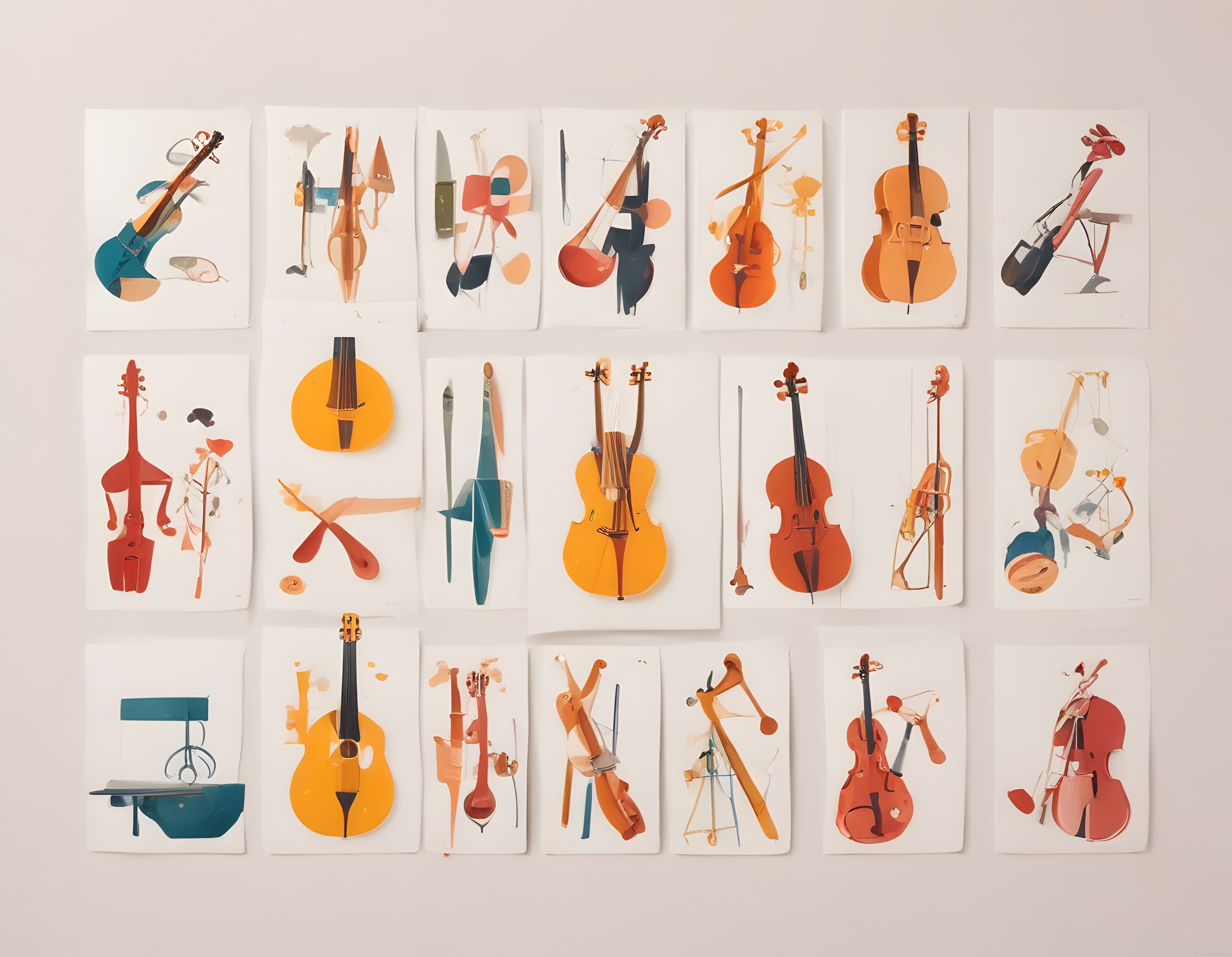 Soyut yaylı çalgılar ve gitarların suluboyayla işlendiği modern duvar sergisi