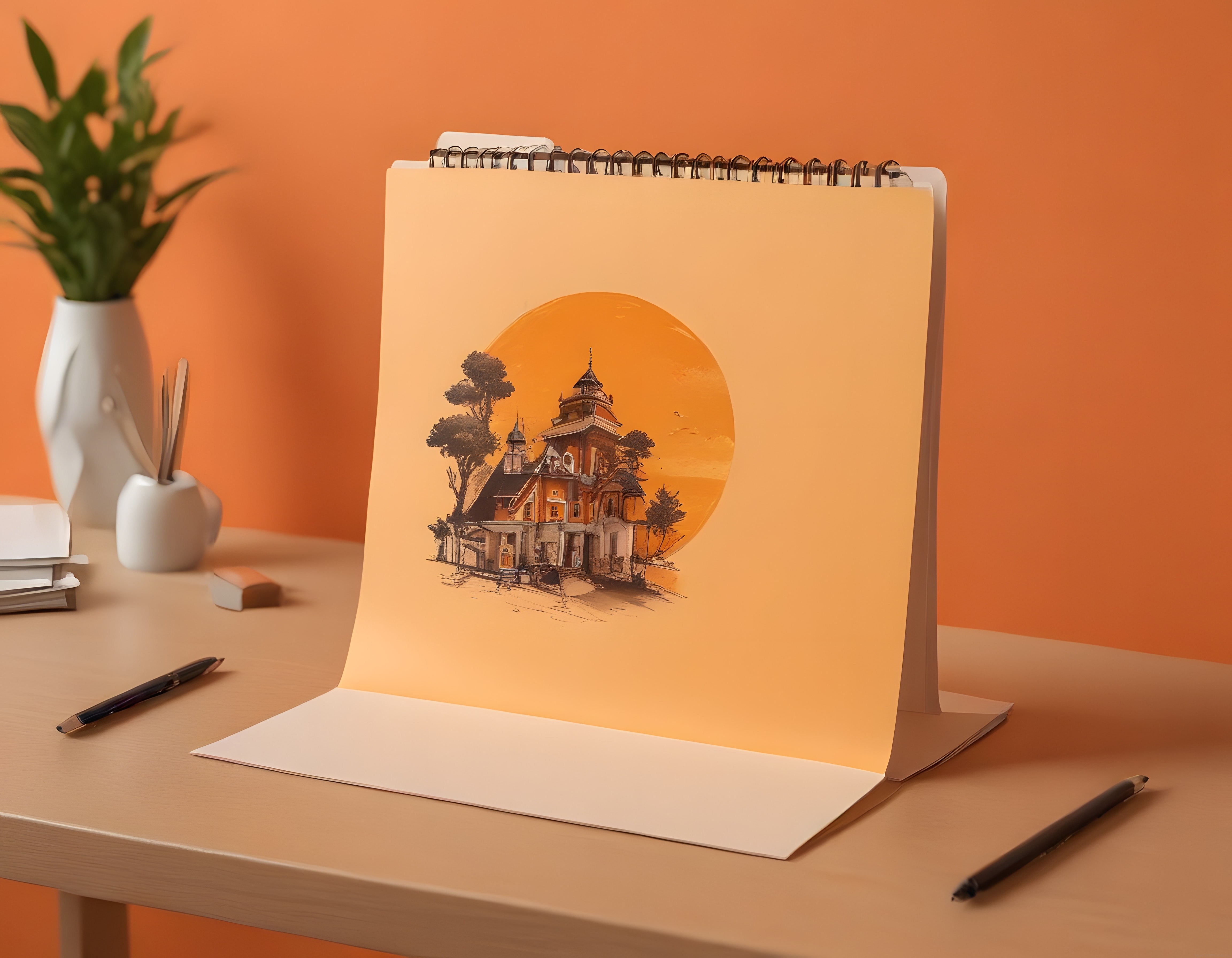 Spiral defter üzerinde eski ev çizimi ve sıcak turuncu çalışma masası düzeni