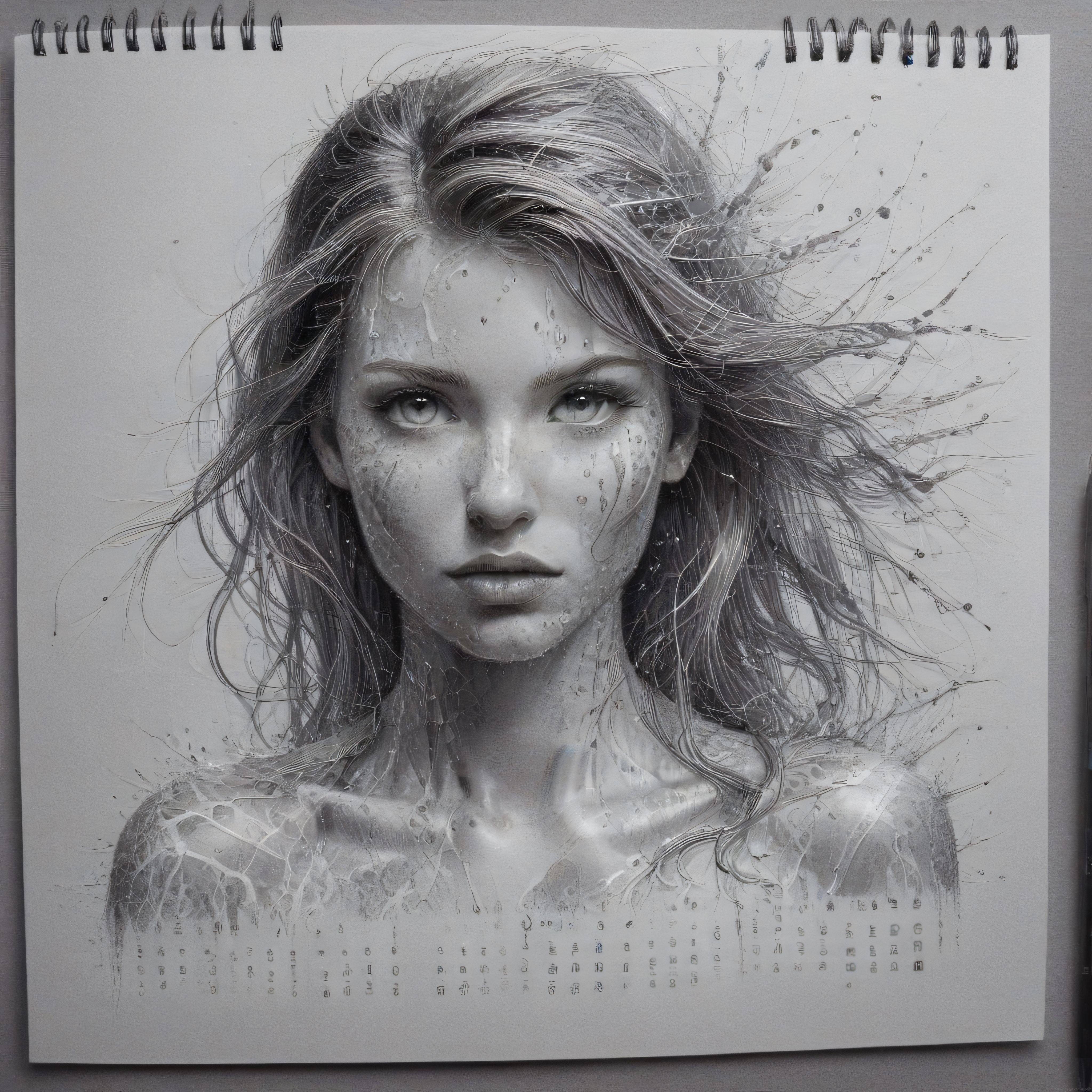 Spiral defter üzerinde hiperrealist kadın portresi ve dinamik sıvı sıçramaları