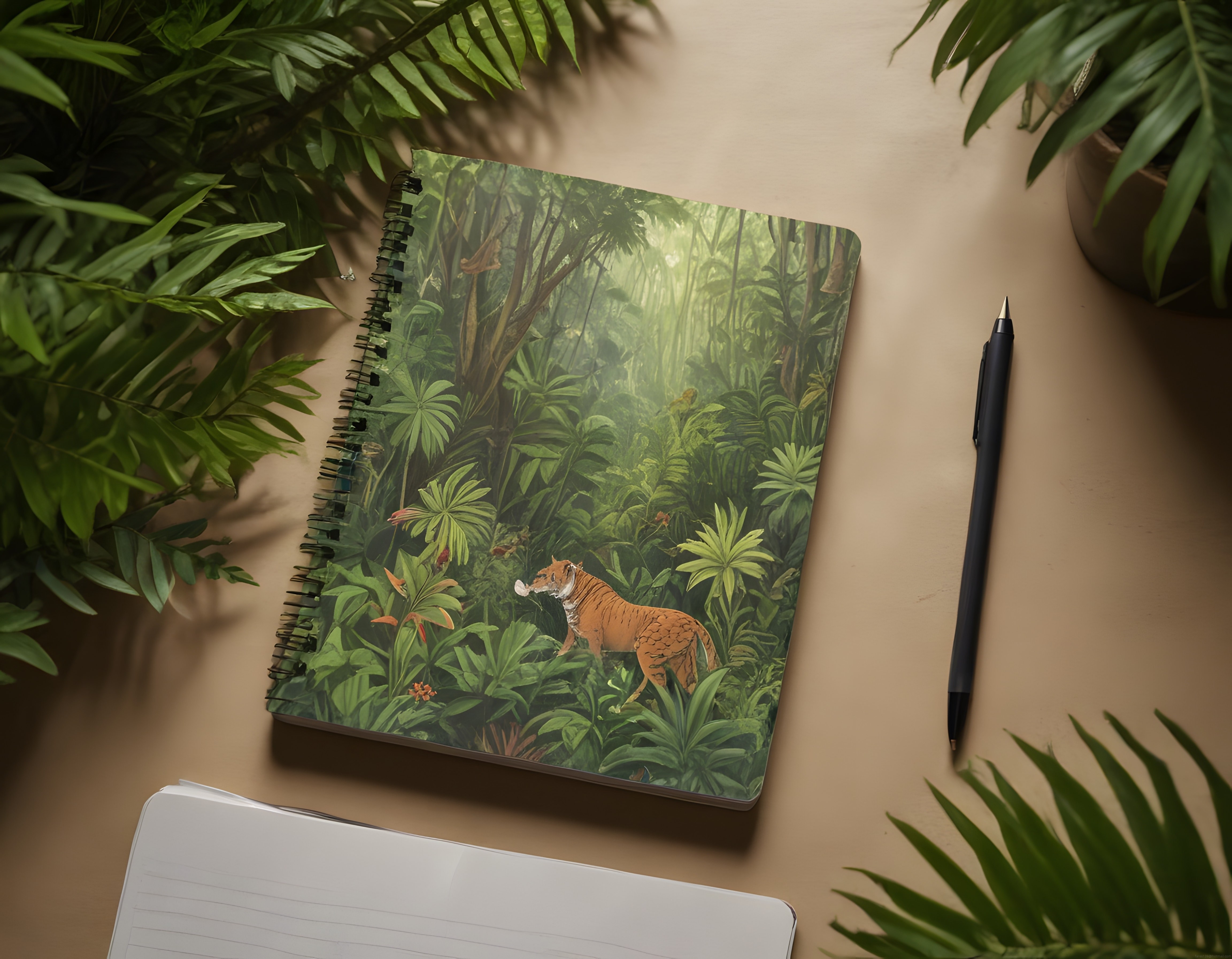 Spiral Kapakta Tropikal Orman ve Kaplan Tasarımlı Doğa Temalı Defter