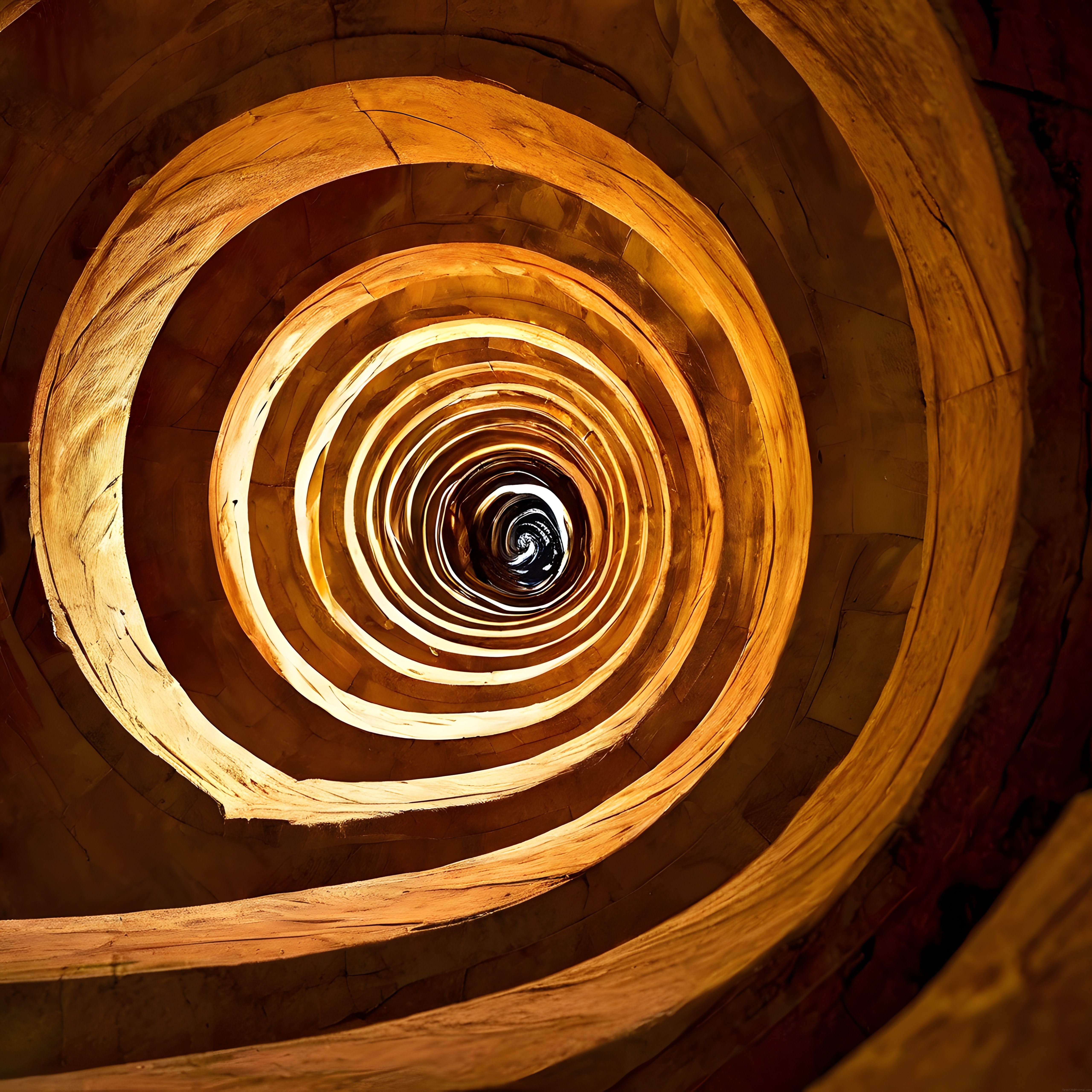 spiral kule merdiveni içinden altın tonlu hipnotik mimari detay