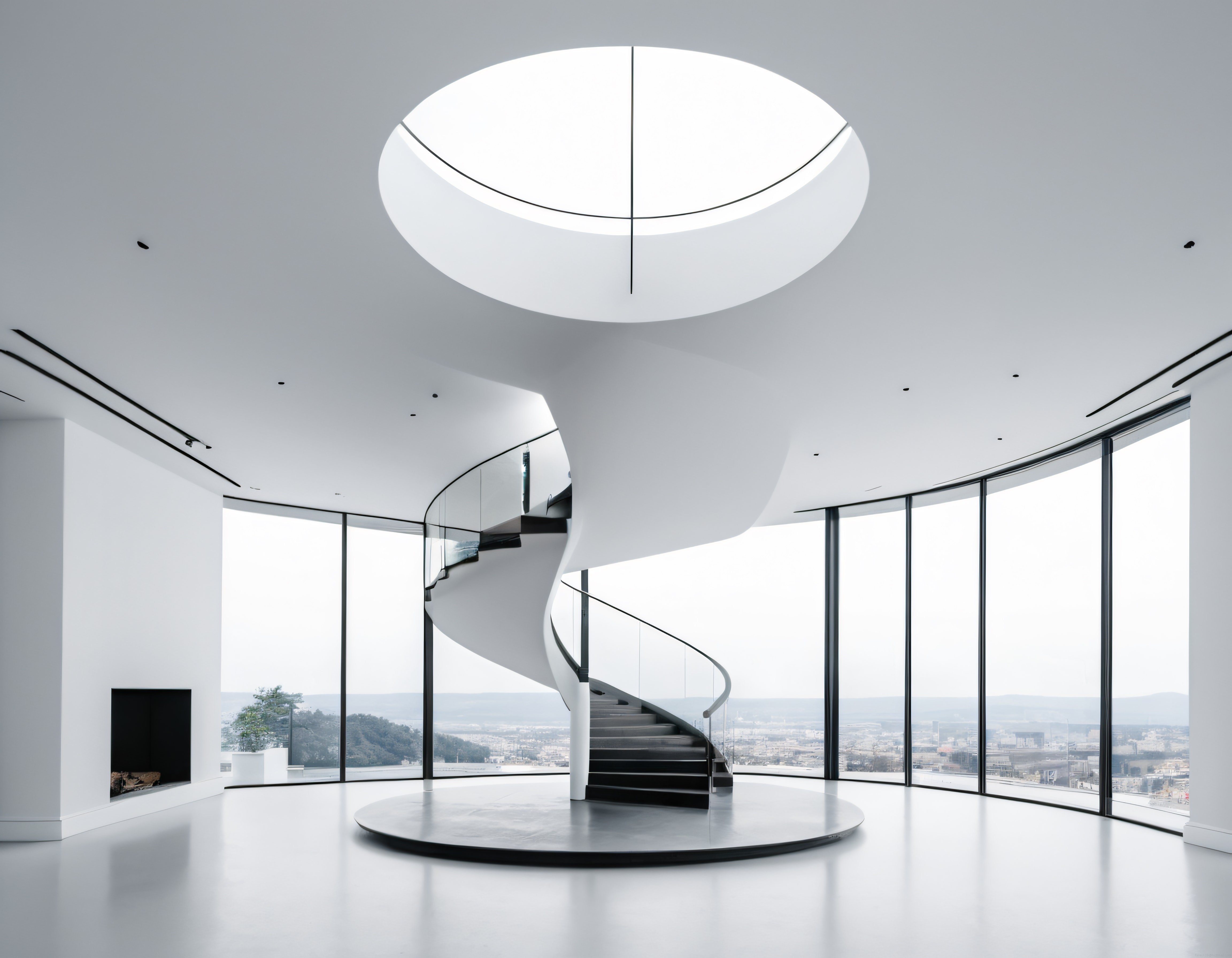 Spiral merdiven ve yuvarlak tavan ışıklığı ile modern minimalist ev iç mekanı