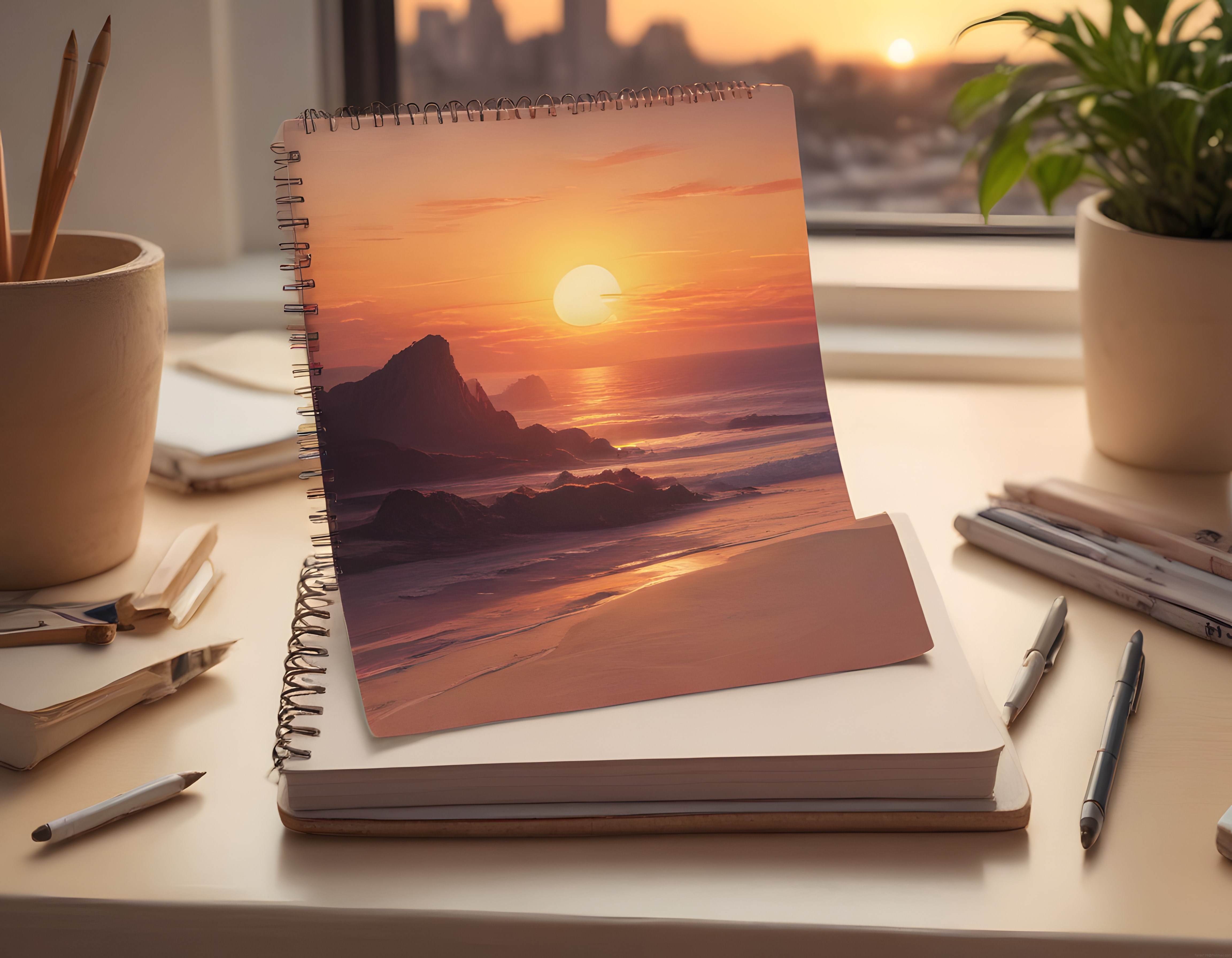 Spiralli defter üzerinde gün batımı manzarası ve minimalist çalışma masası düzeni