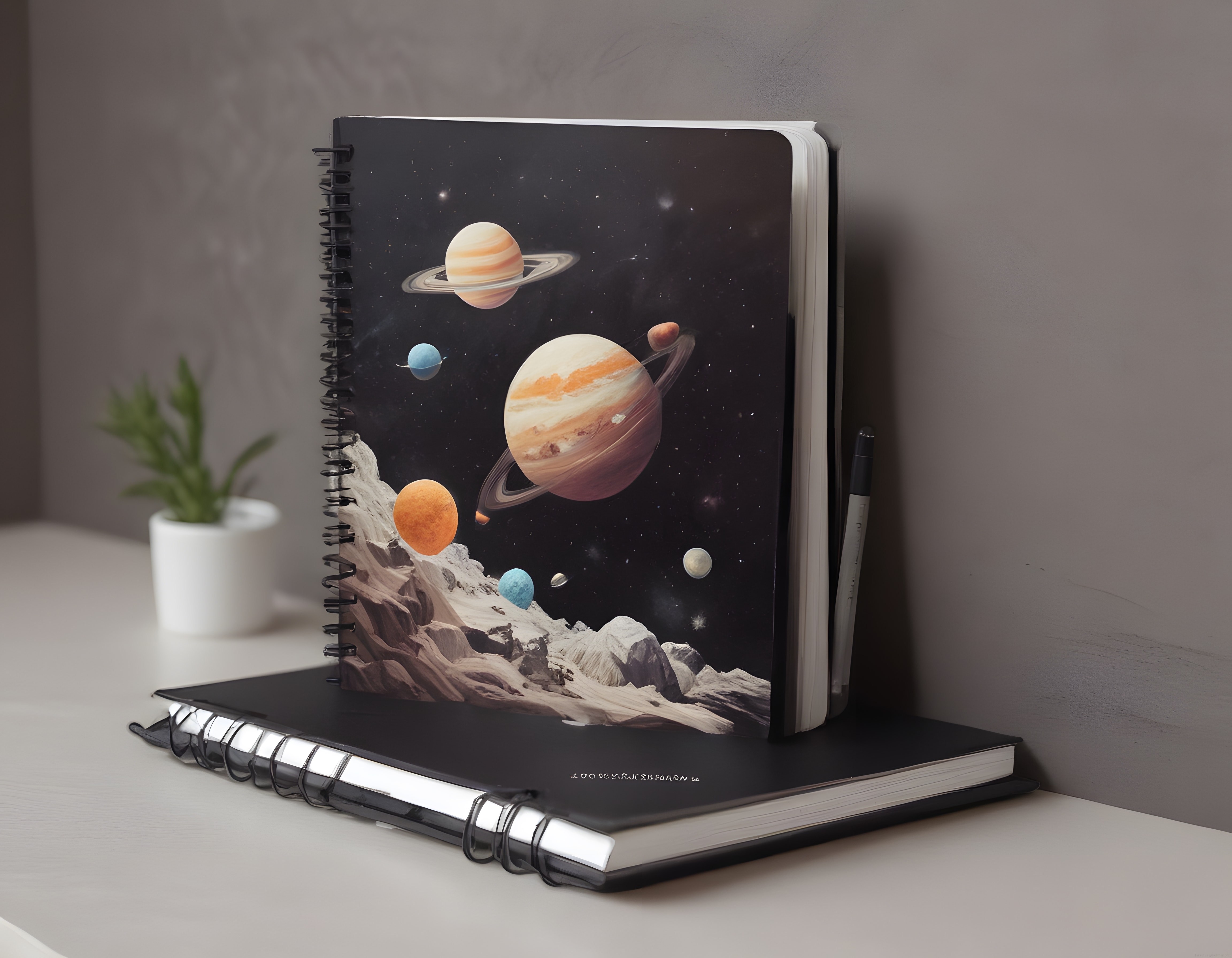 Spiralli Defter Üzerinde Masalsı Gezegenler ve Uzay Manzarası