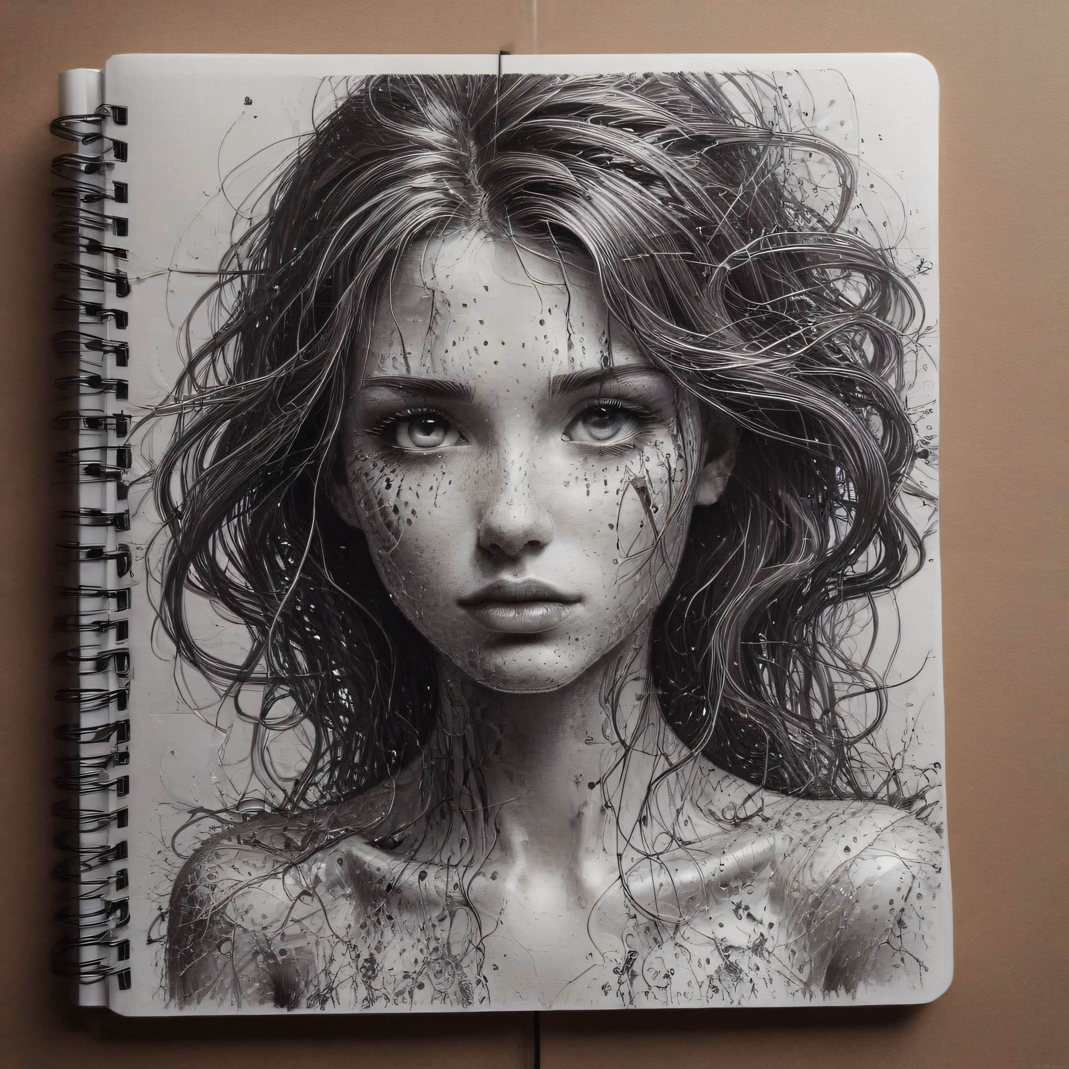 Spiralli Eskiz Defterinde Mürekkep Efektli Gerçekçi Kadın Portresi