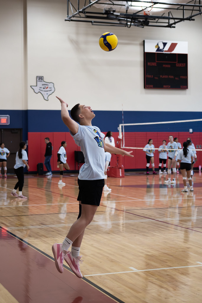 Spor salonunda voleybol topuna servis atan genç ve dinamik oyuncu