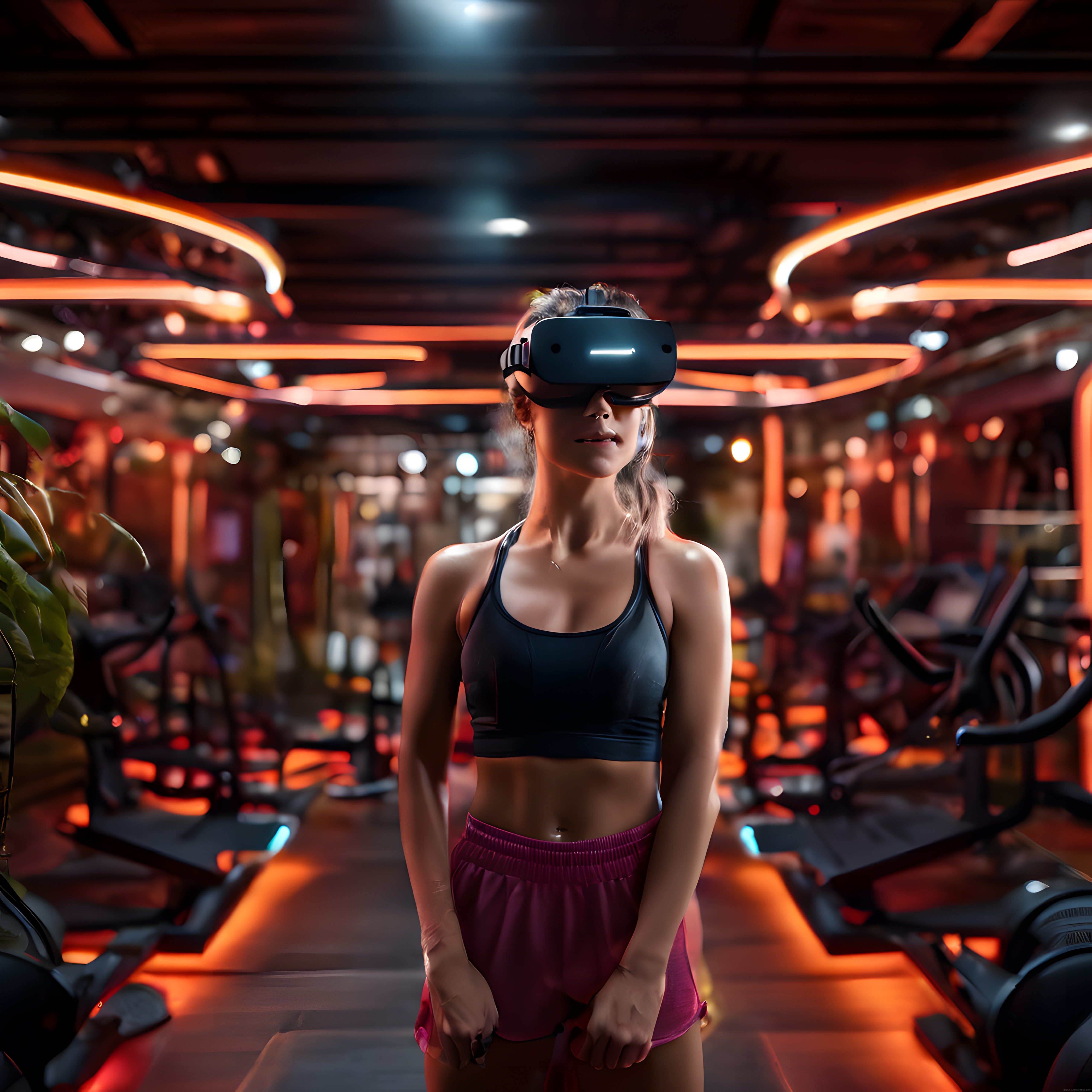 Spor Salonunda VR Başlık Takmış Kadın Sanal Gerçeklik Antrenmanı Yapıyor