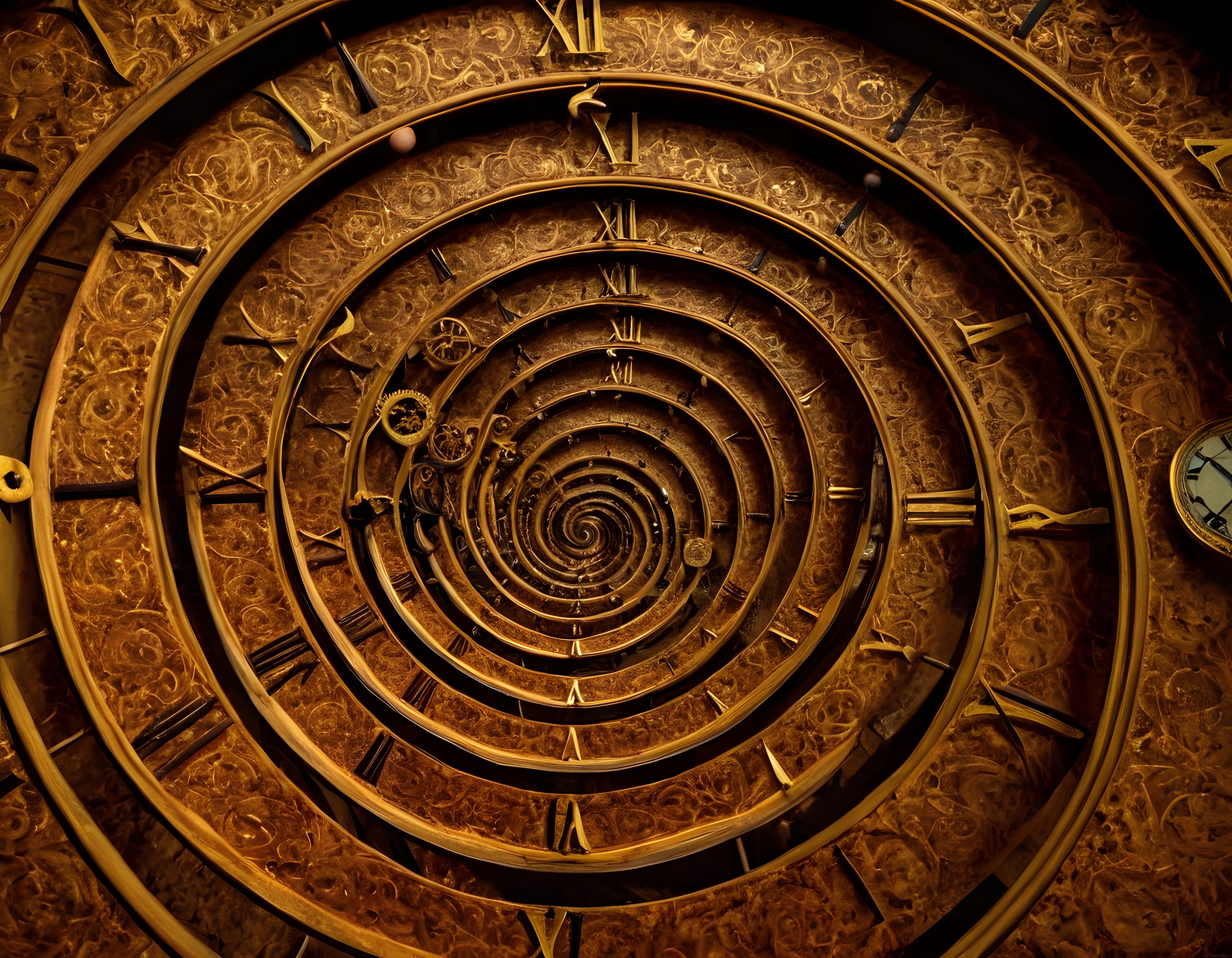 Steampunk Altın Spiral Saat: Mekanik Dişliler ve Zaman Tüneli Sanatı Steampunk Altın Spiral Saat: Mekanik Dişliler ve Zaman Tüneli Sanatı