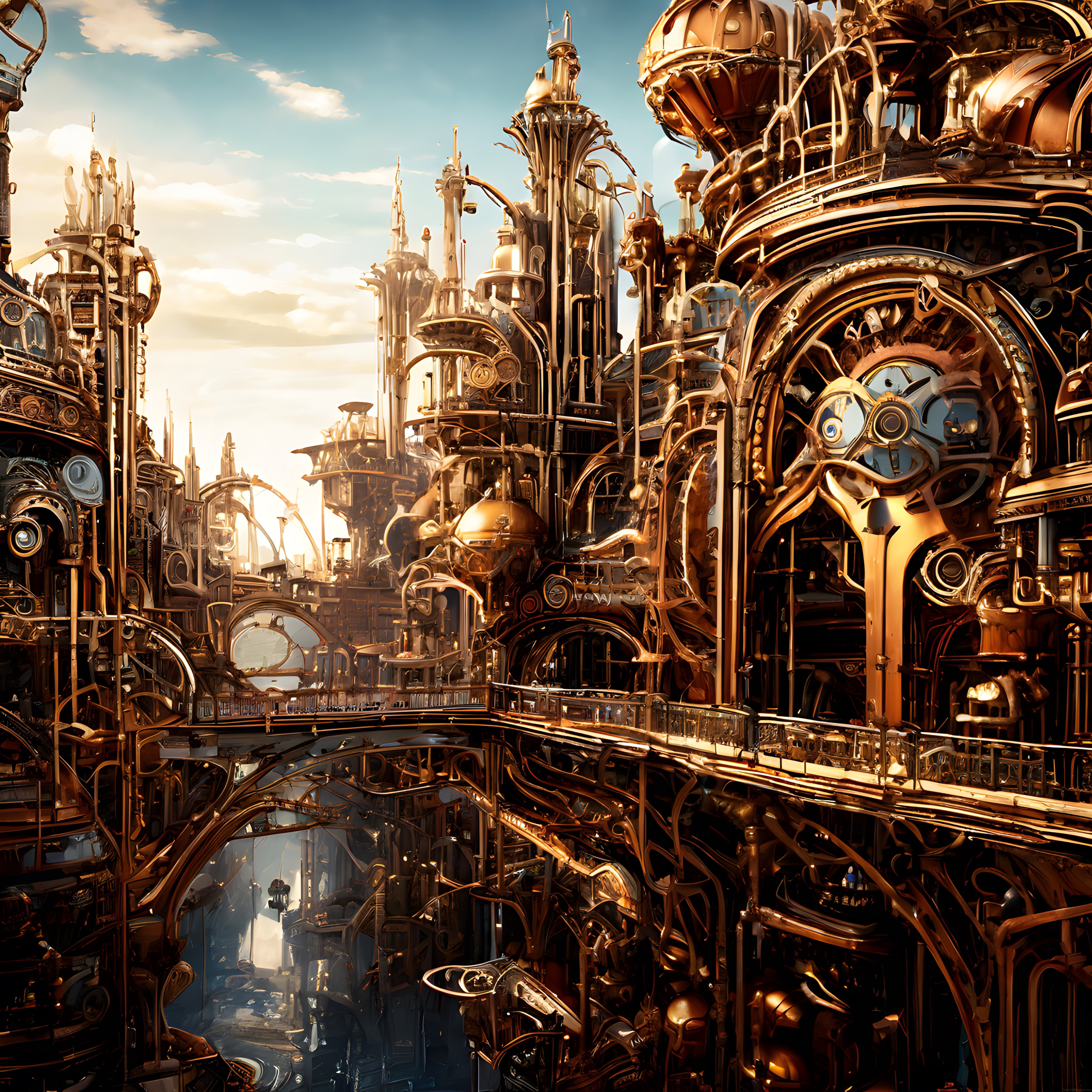 Steampunk Bronz Şehrin Gizemli ve Büyüleyici Dijital Sanat Manzarası