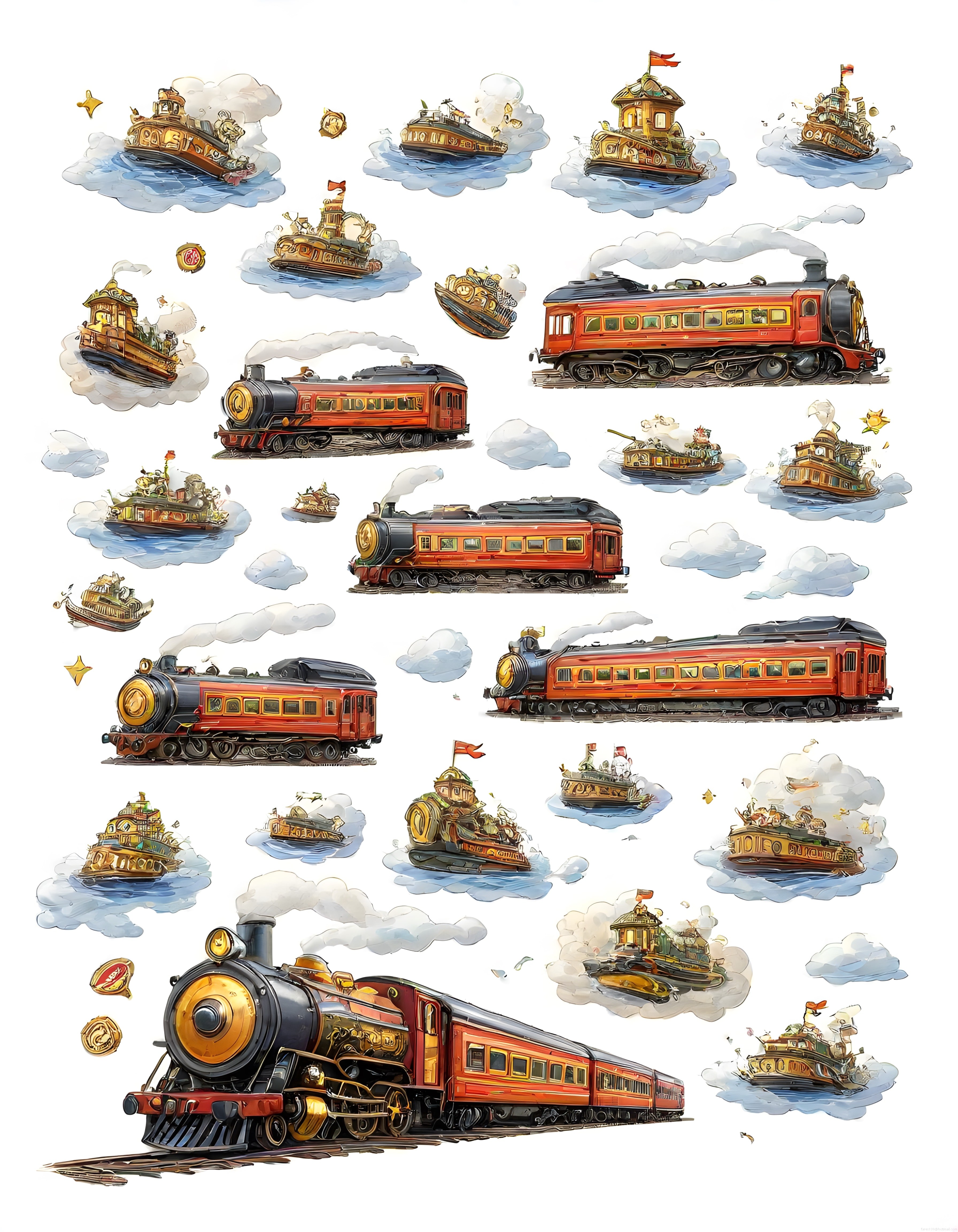 Steampunk Buharlı Tren ve Gemi Suluboya Dijital Sanat Koleksiyonu