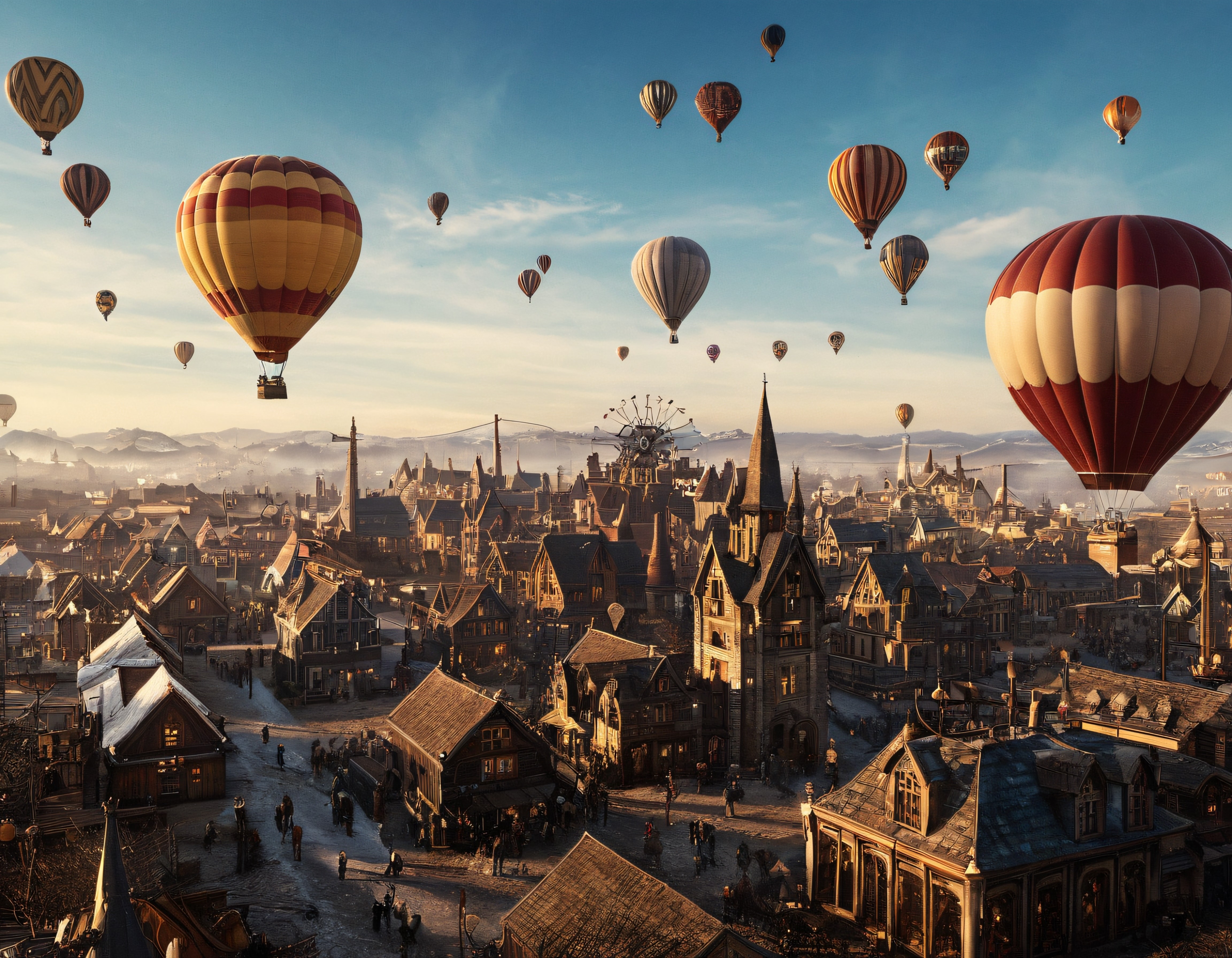 Steampunk detaylı fantastik şehirde sıcak hava balonları ve altın saat ışığı