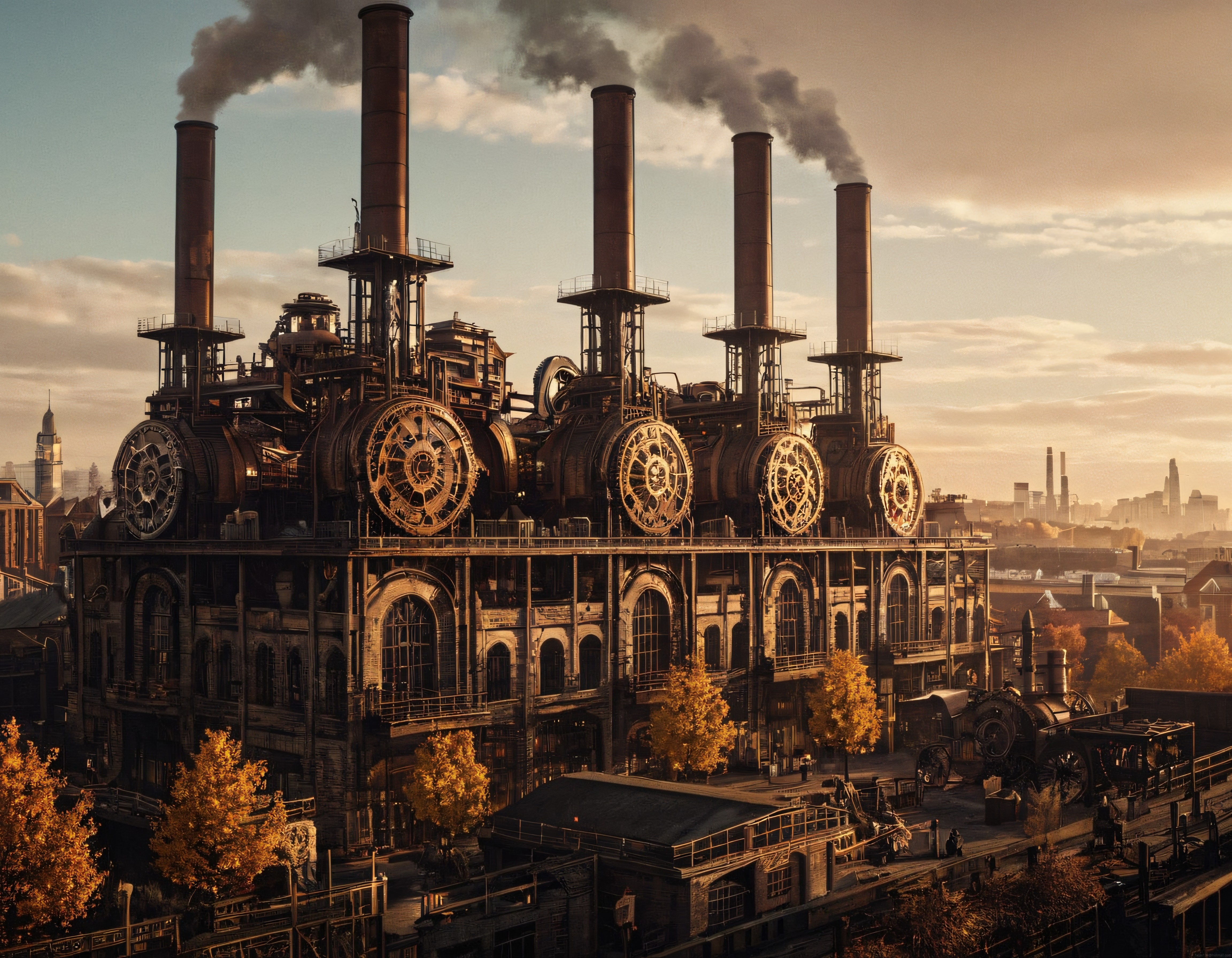 Steampunk Dev Endüstriyel Kalesi, Duman Bacaları ve Altın Yapraklar