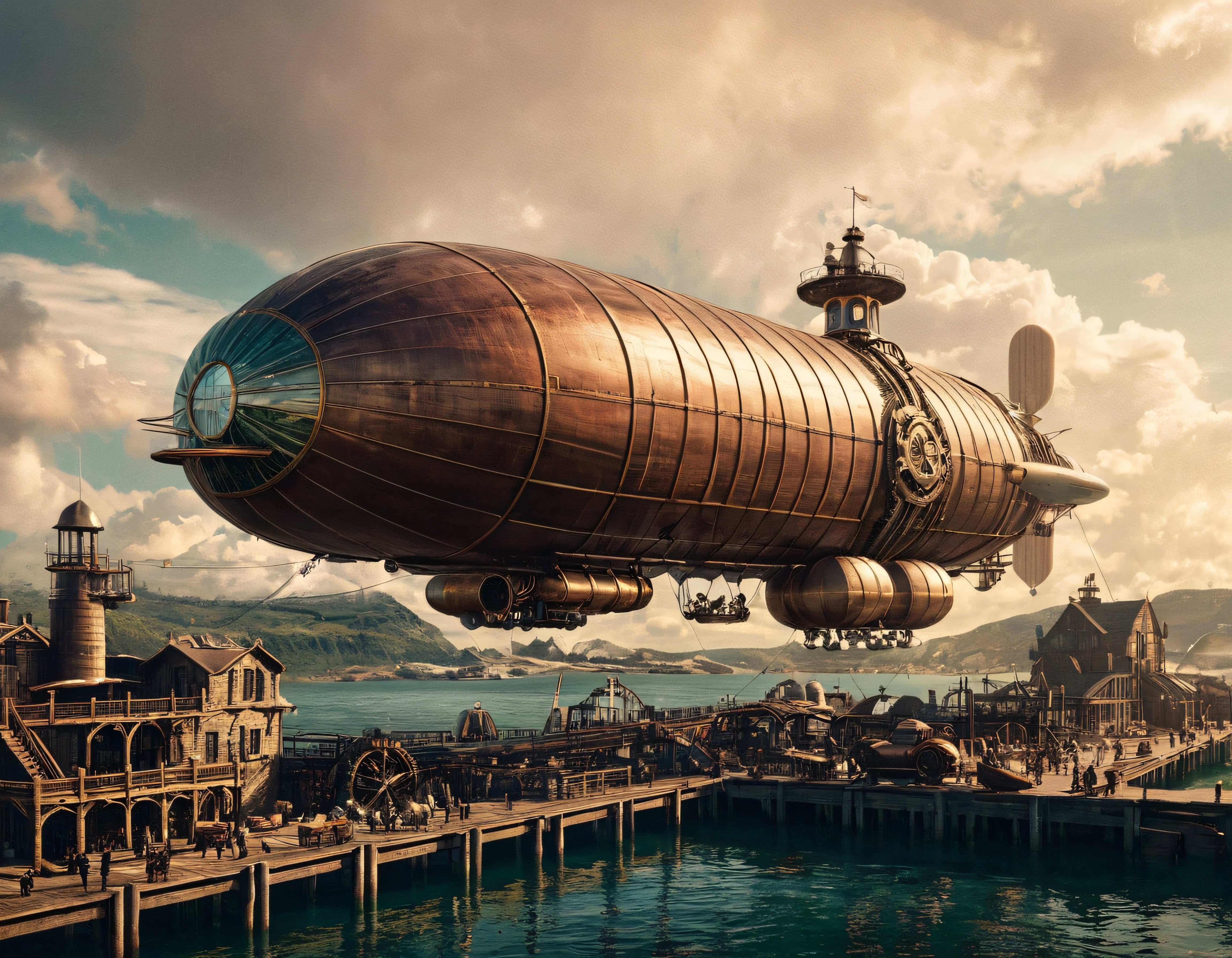 Steampunk Dev Zeplin ve Büyüleyici Sahil Limanının Fantastik Dijital Sanatı