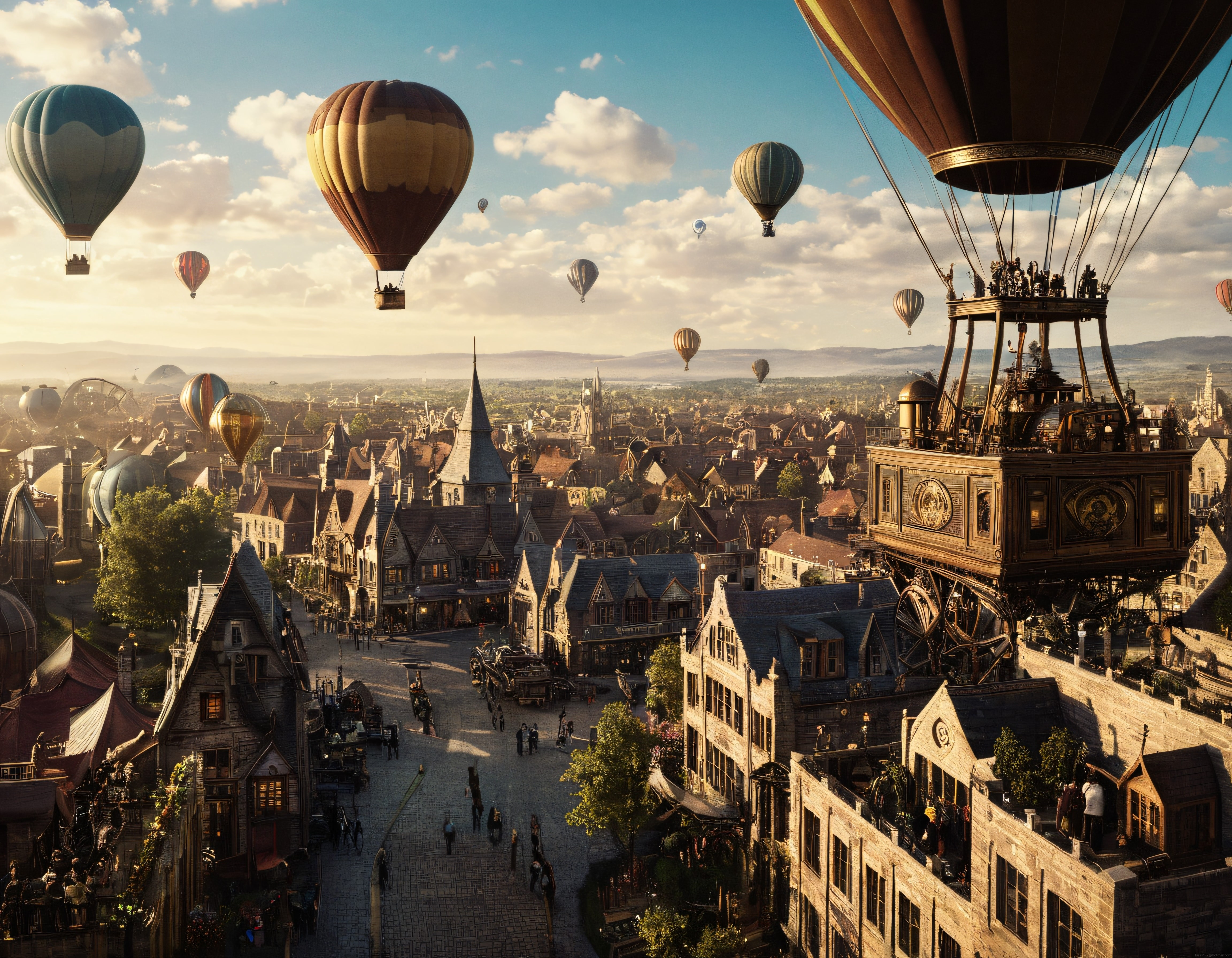 Steampunk fantastik şehirde gün batımında süzülen sıcak hava balonları