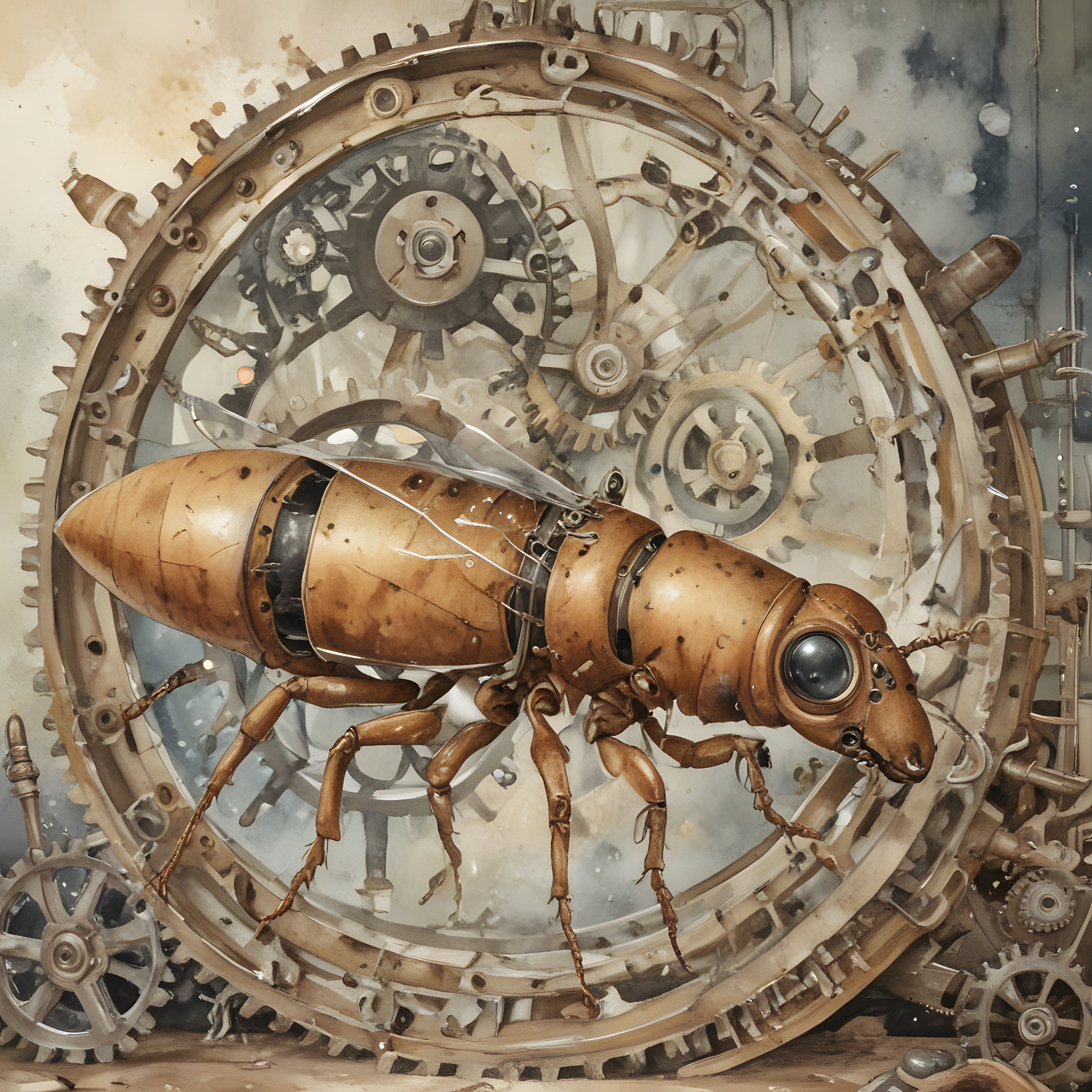 Steampunk Mekanik Böcek ve Antik Saat Dişlileri İllüstrasyonu