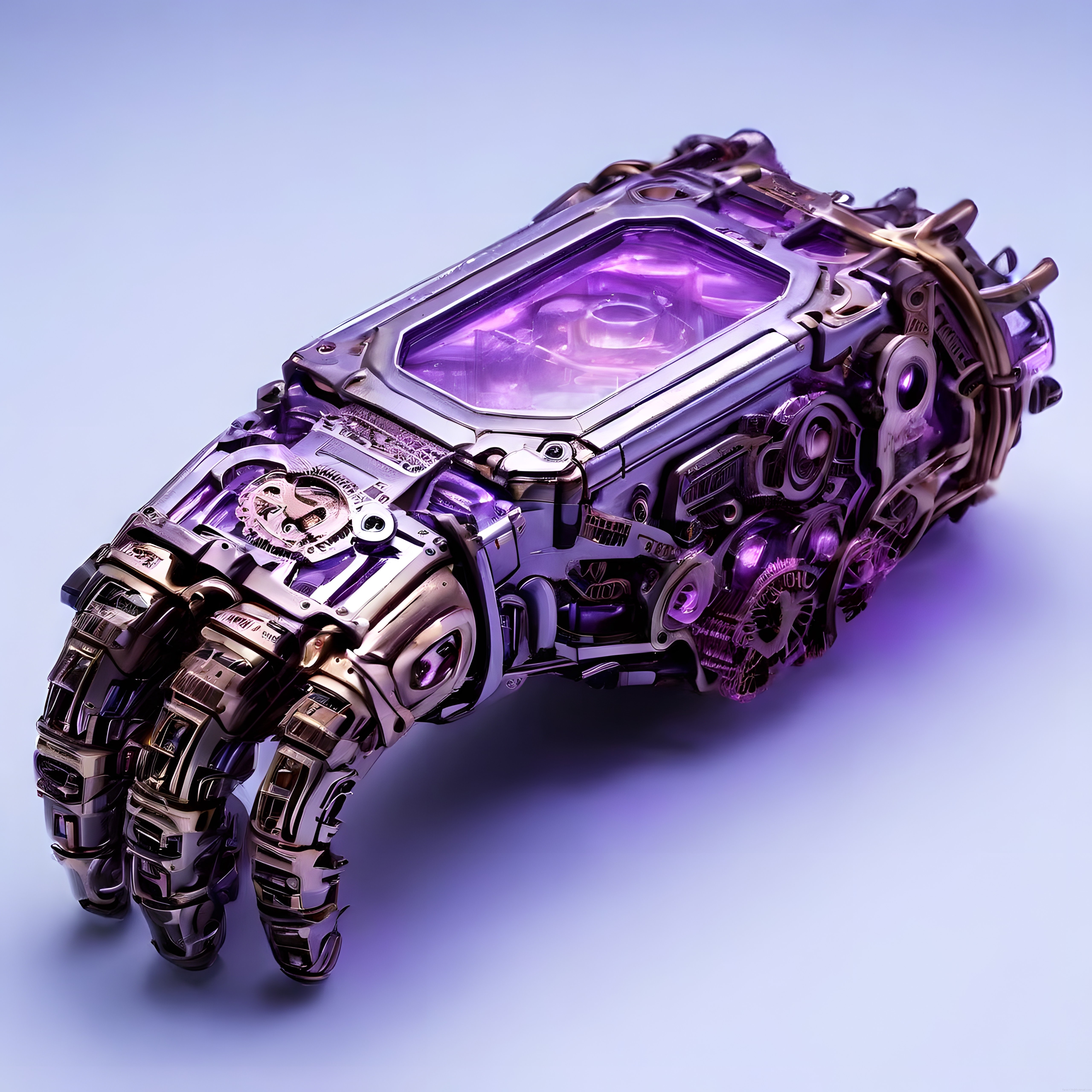 Steampunk mekanik cep saati: Mor ışıklı dijital sanat eseri ve retro fütüristik tasarım