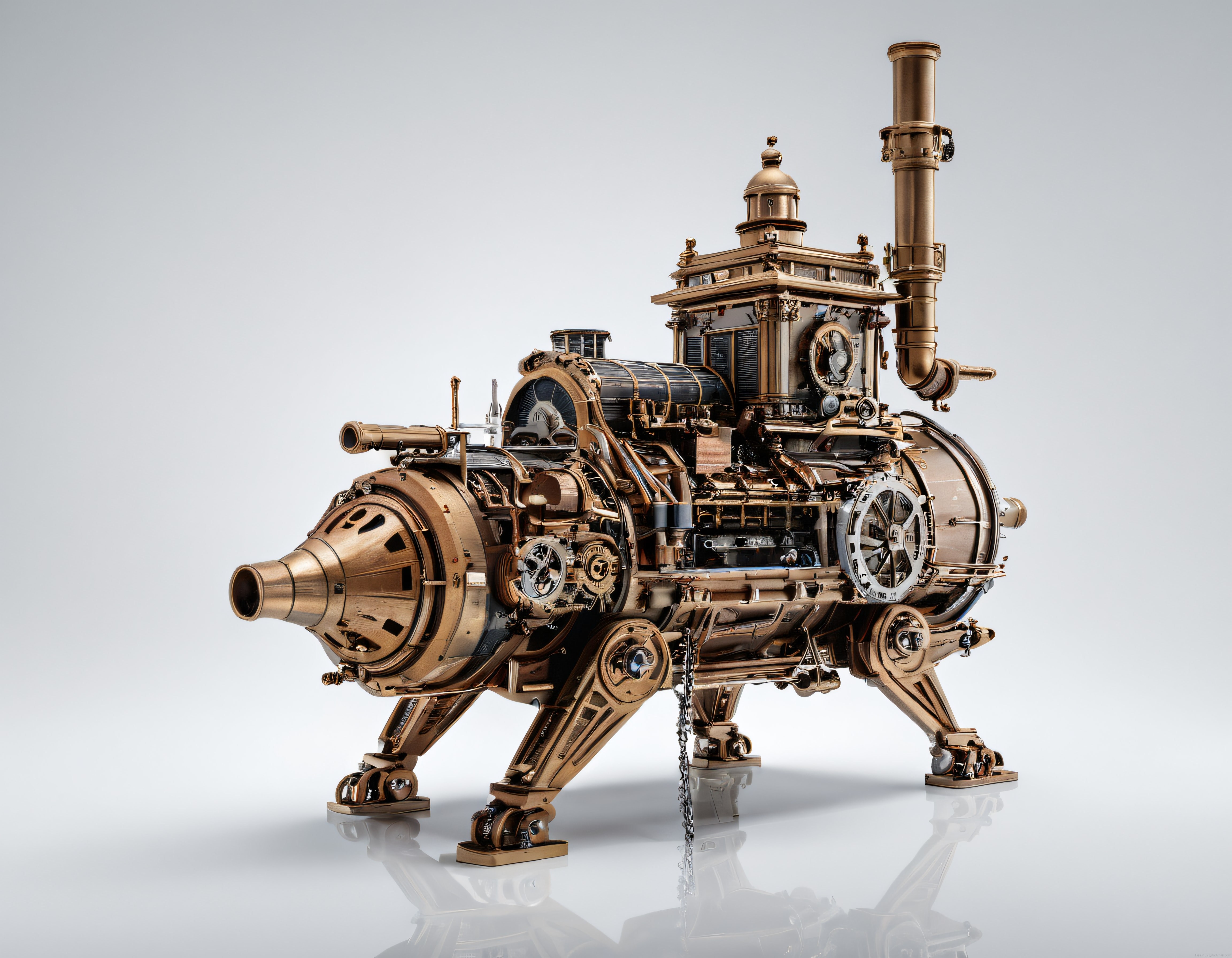 Steampunk pirinç mekanik hayvan heykeli ve retro fütüristik sanat tasarımı