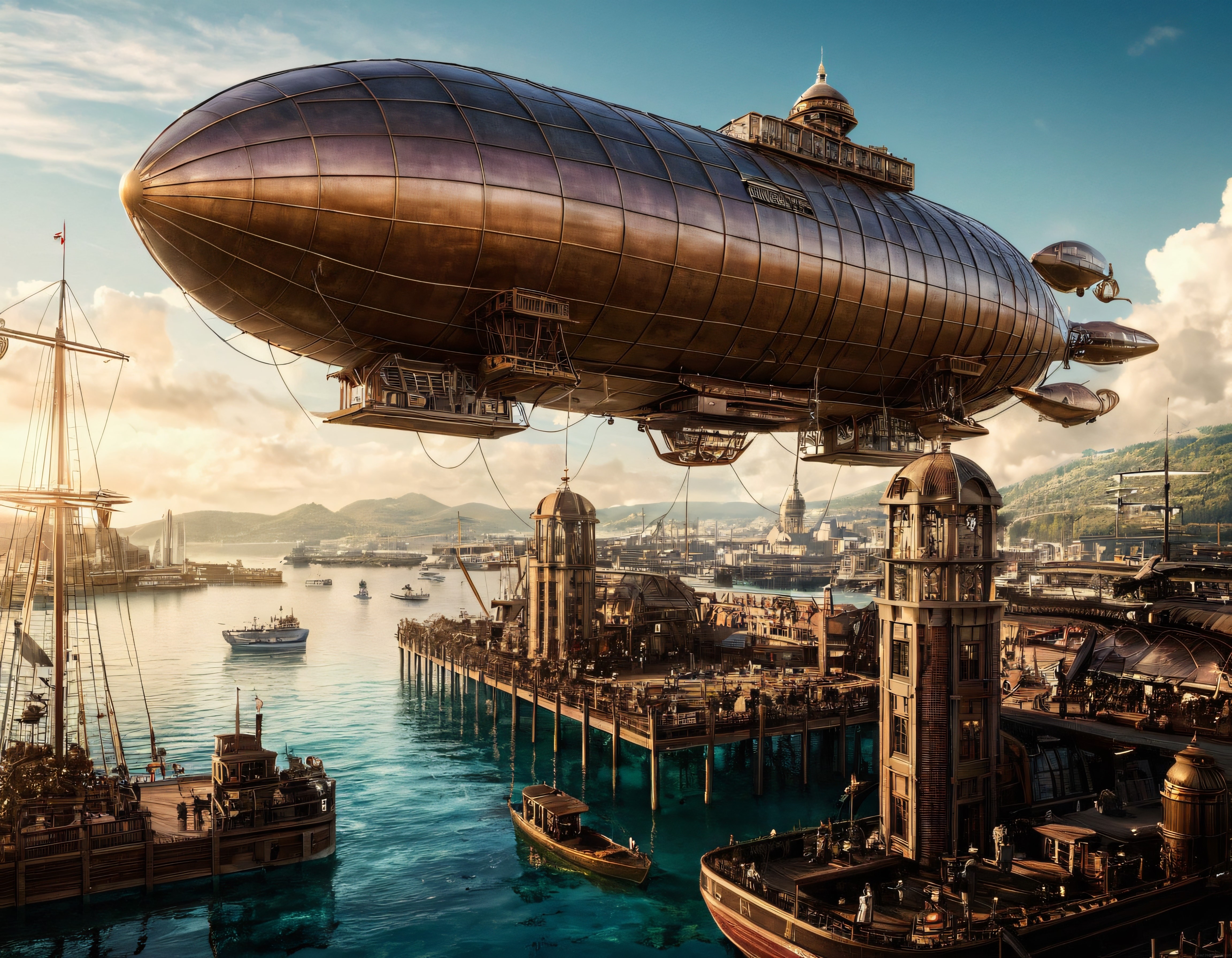 Steampunk rüzgarı estiren devasa zeplin ve tarihi limanın büyüleyici dijital illüstrasyonu