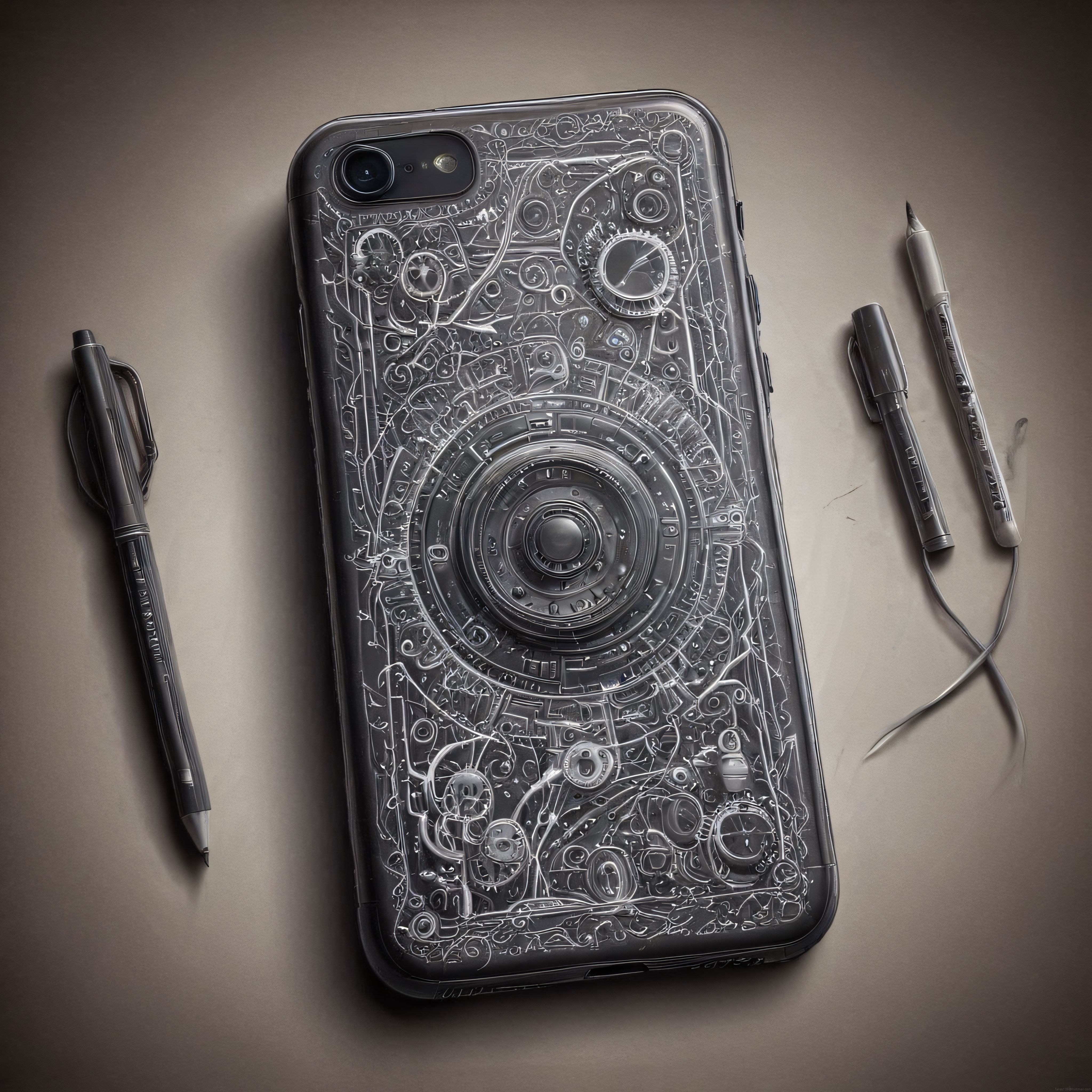 Steampunk saat çarkları ile süslenmiş şeffaf telefon kılıfı ve çizim kalemleri
