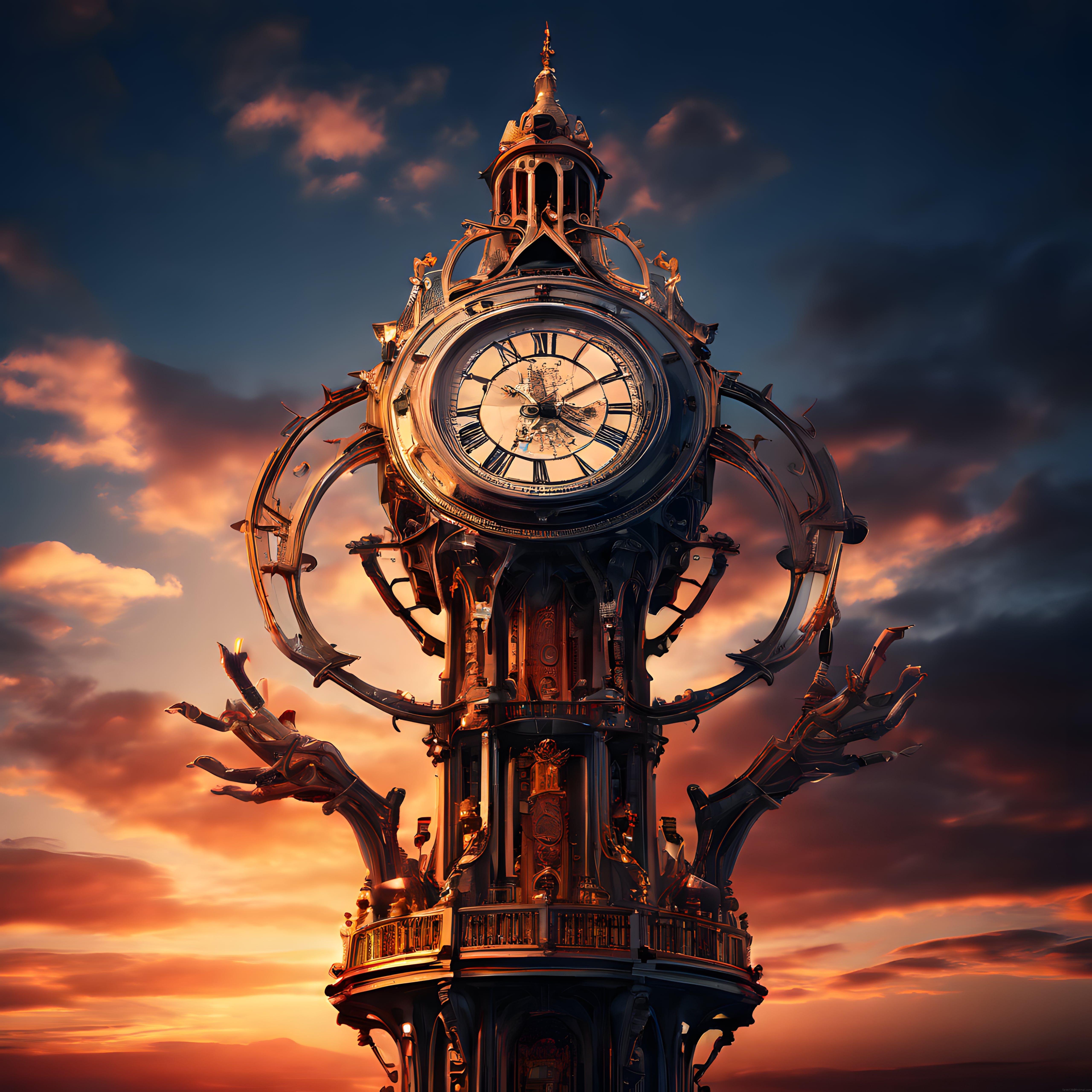 Steampunk Saat Kulesi: Gün Batımında Fantastik ve Mekanik Mimarinin İhtişamı