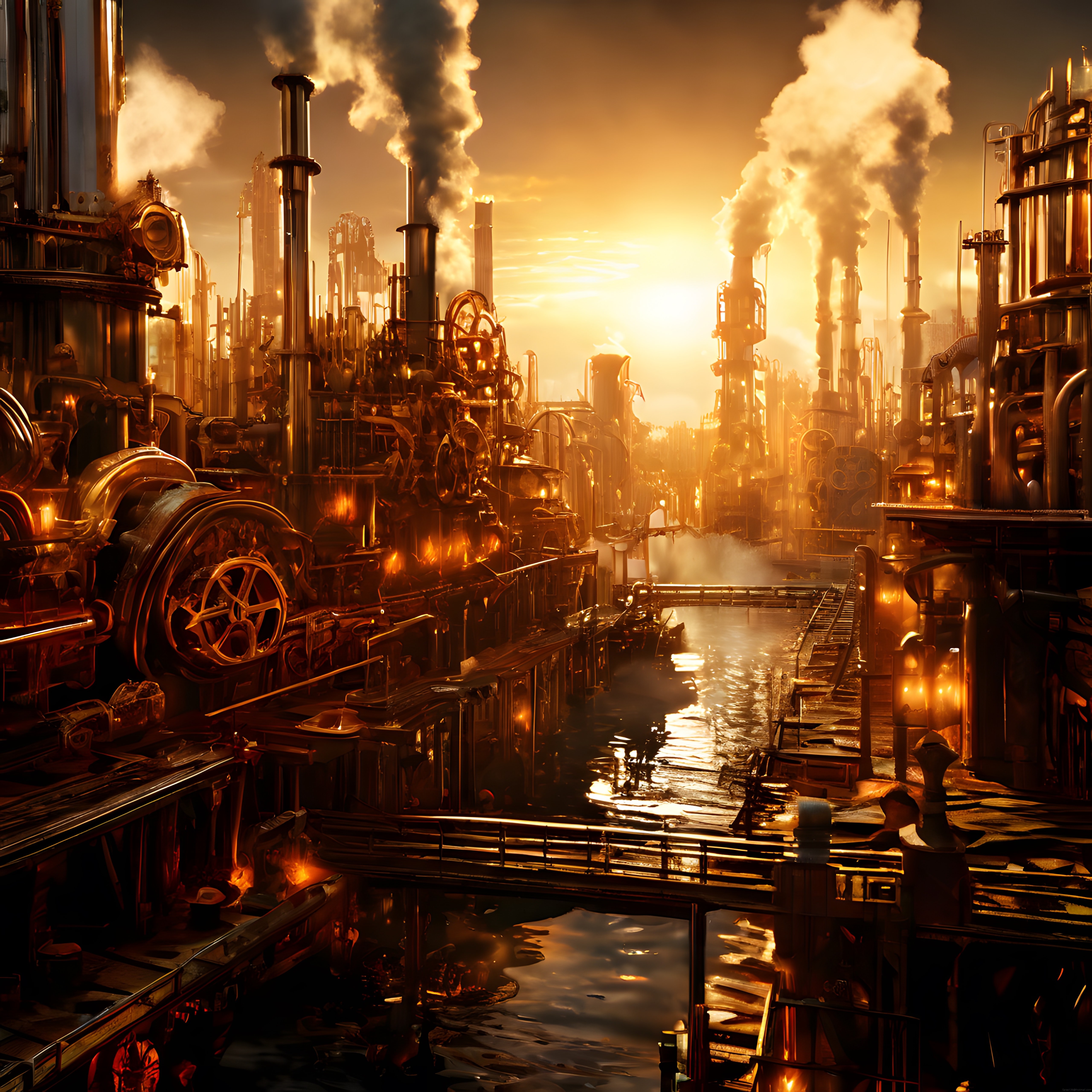 Steampunk Sanayi Şehri: Buharlı Fabrikalar ve Altın Işıltılı Kanallar