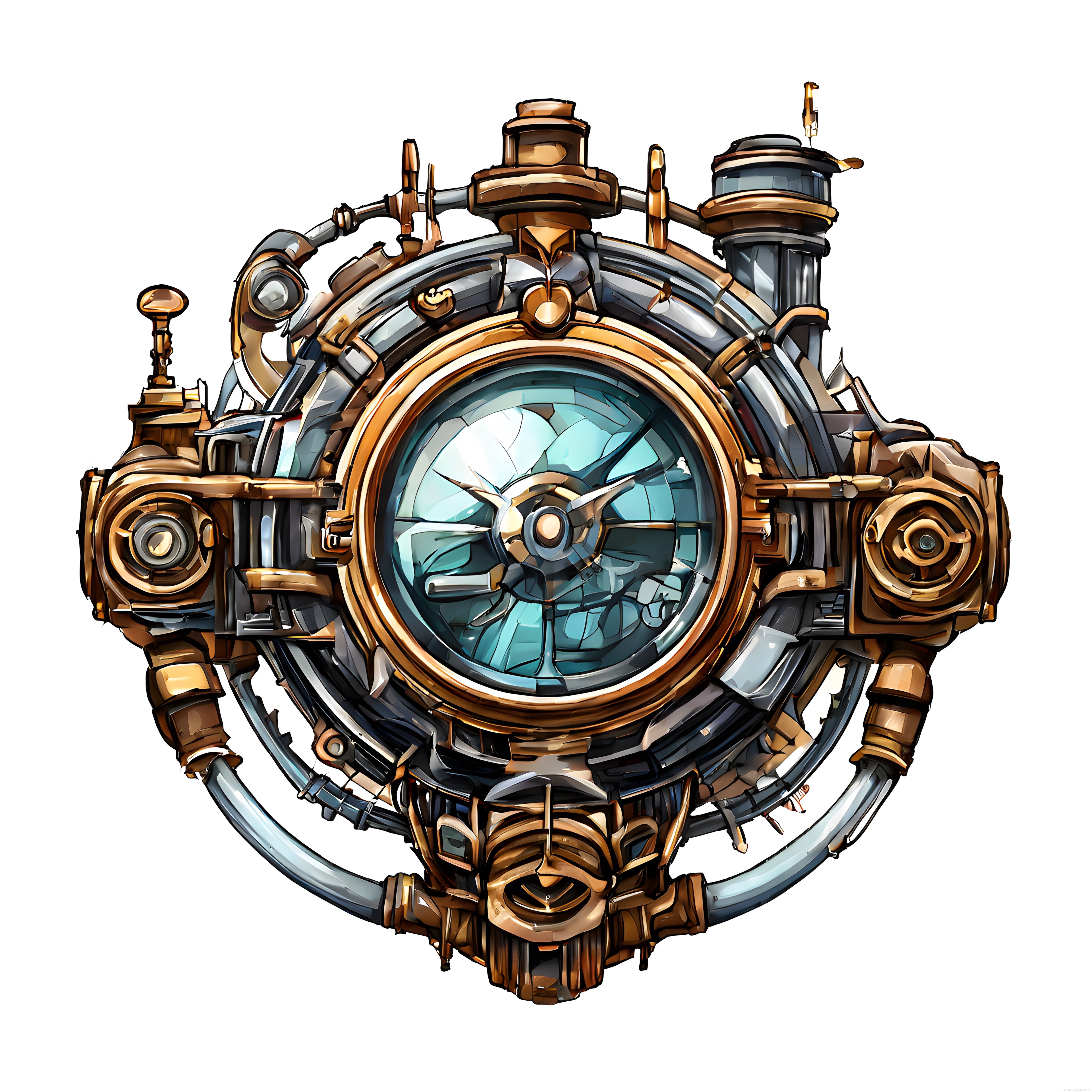 Steampunk stil nostaljik mekanik saat illüstrasyonu ve zamana yolculuk detayları