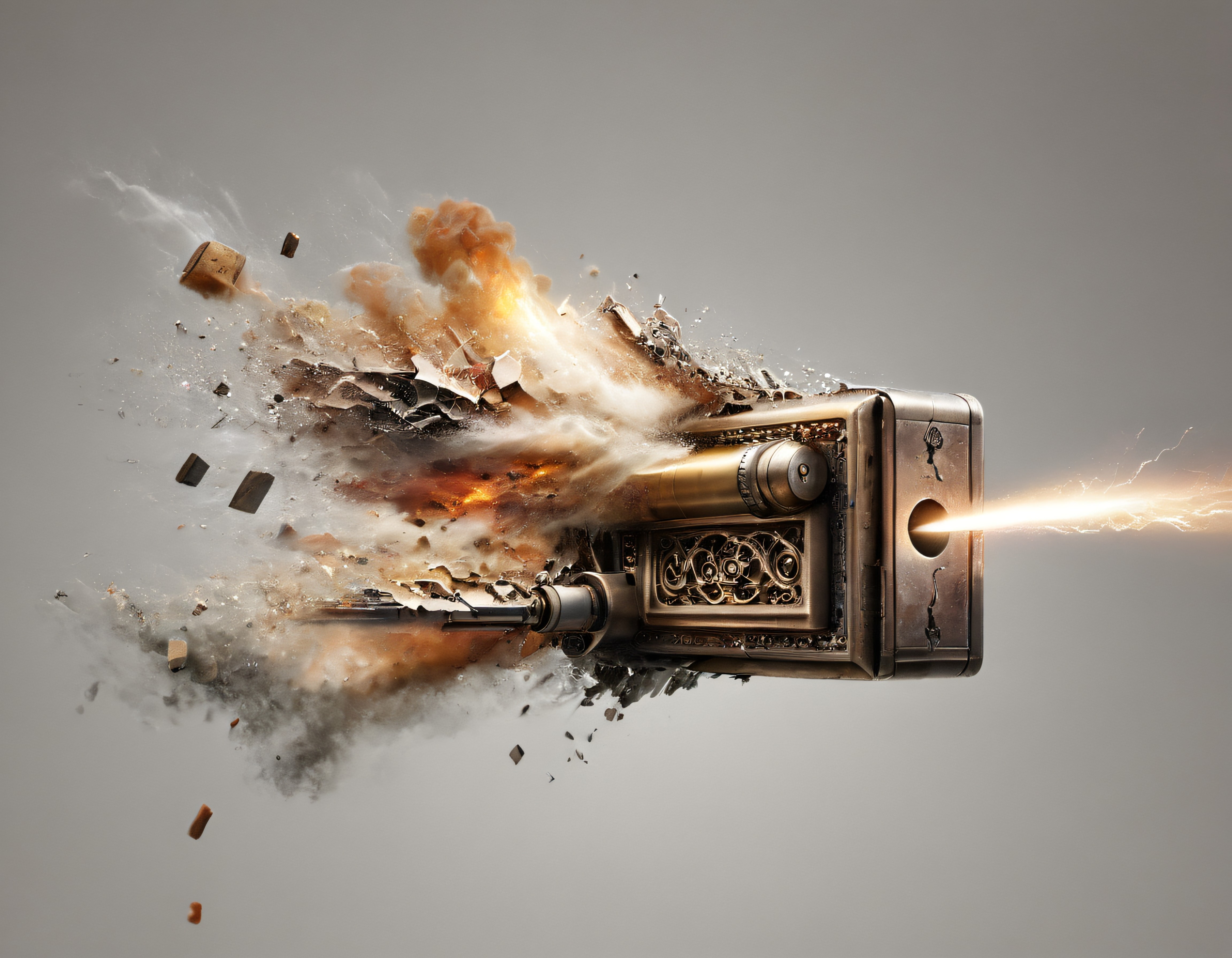 Steampunk tarzda patlayan antik kilit ve enerji ışını: dijital sanat eseri