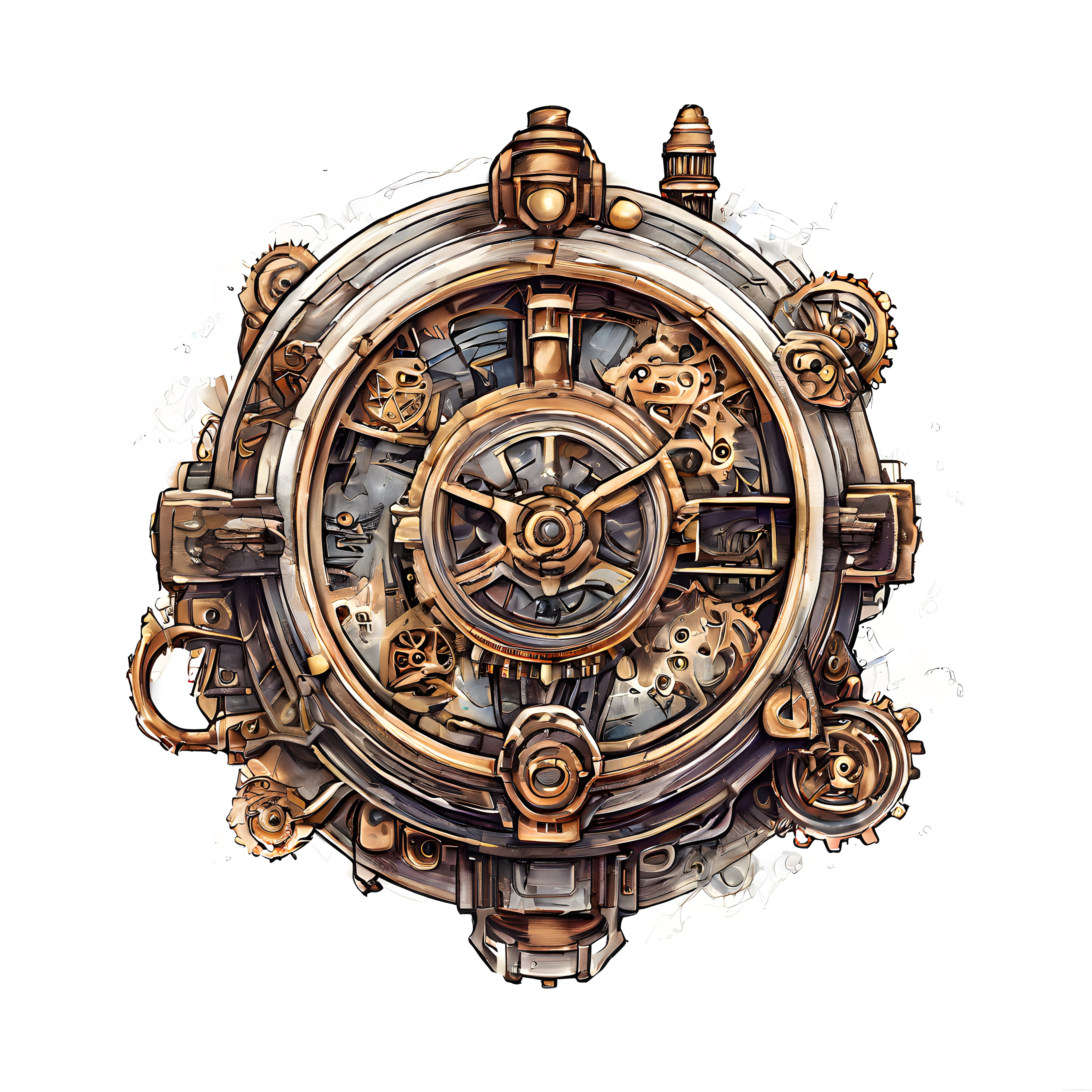 Steampunk Tarzı Antik Mekanik Saat İllüstrasyonu ve Dişli Mekanizması