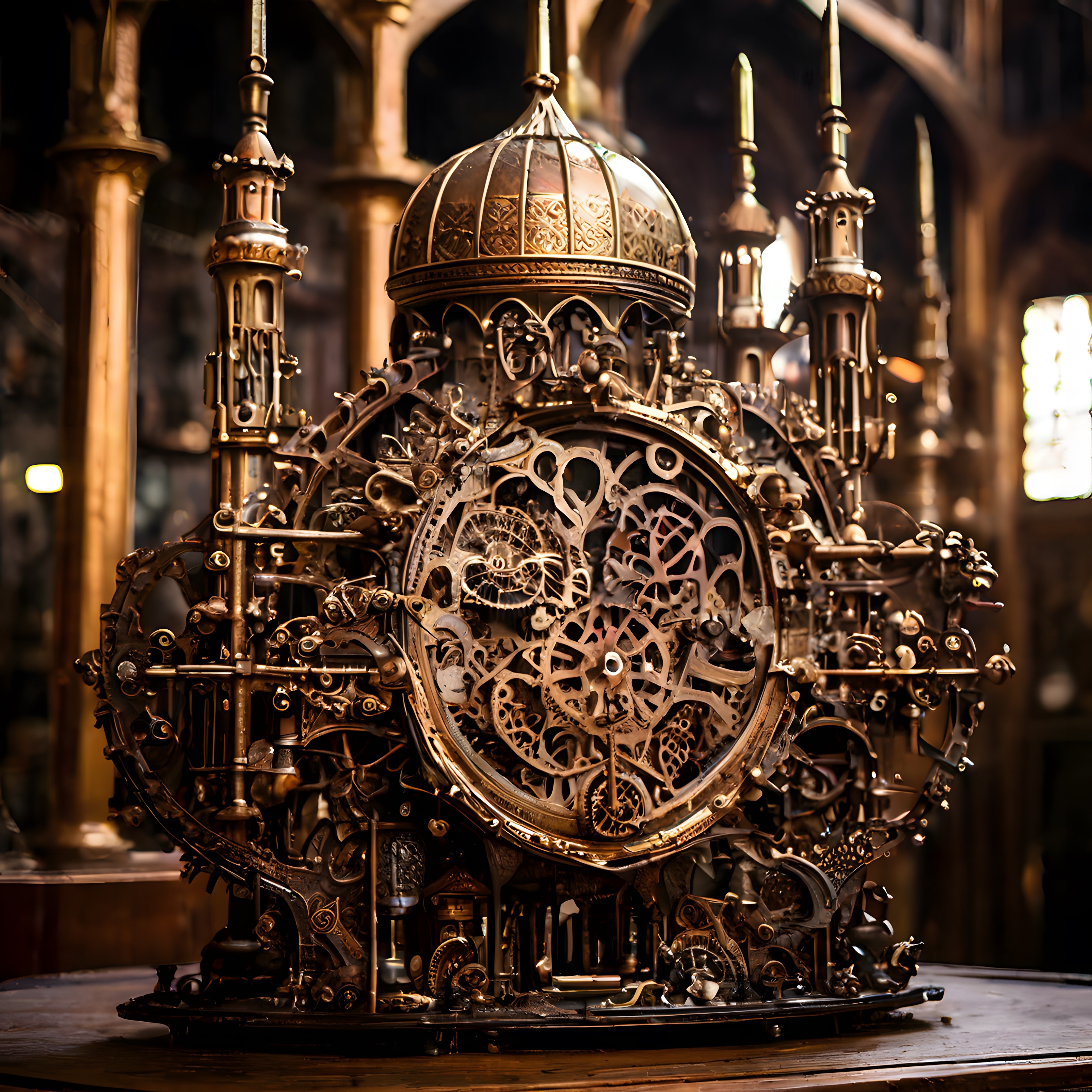 Steampunk tarzı bronz kubbeli antik mekanik kule ve karmaşık dişli sistemi