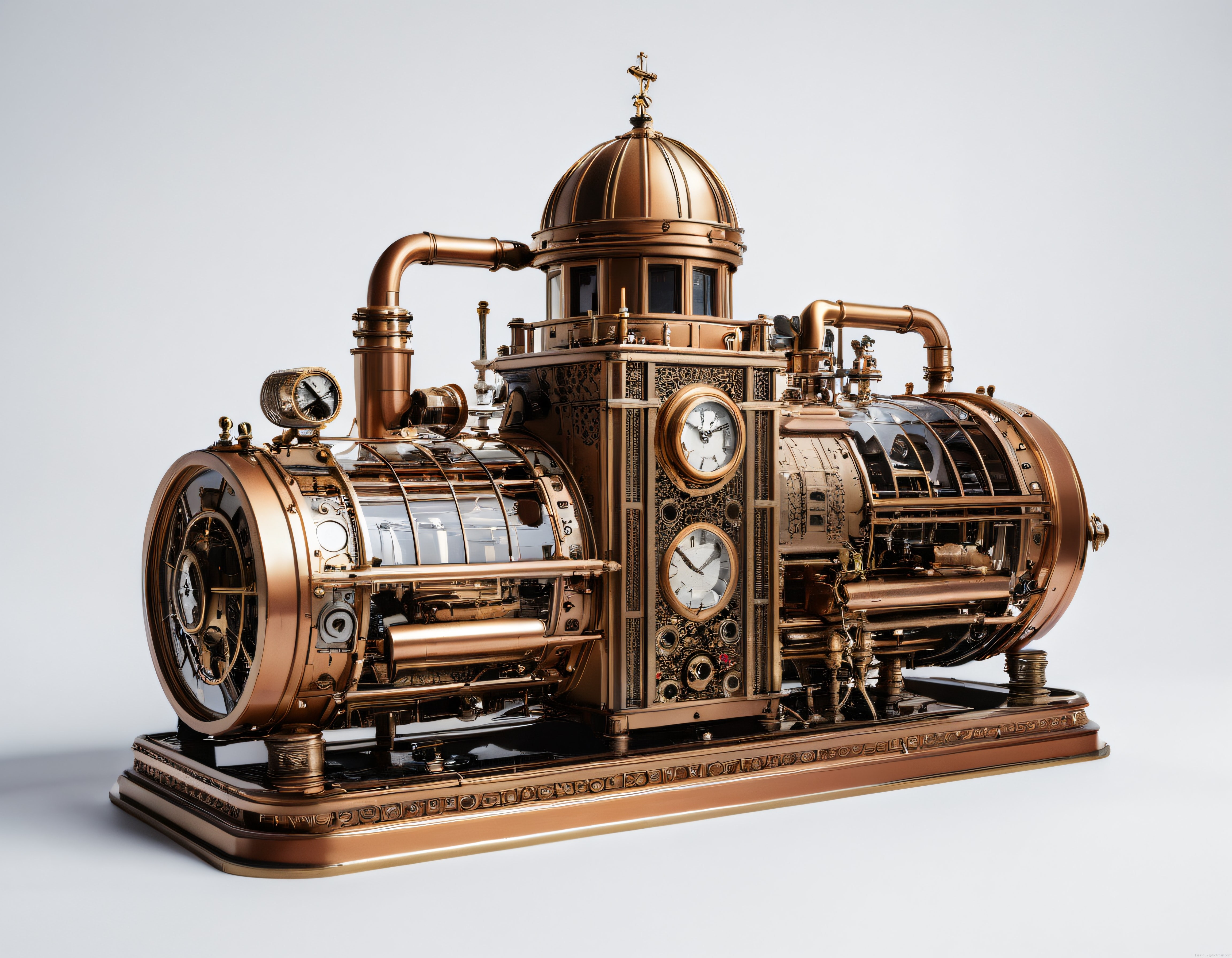 Steampunk Tarzı Detaylı Bronz Mekanik Saat ve Makine Sanat Eseri