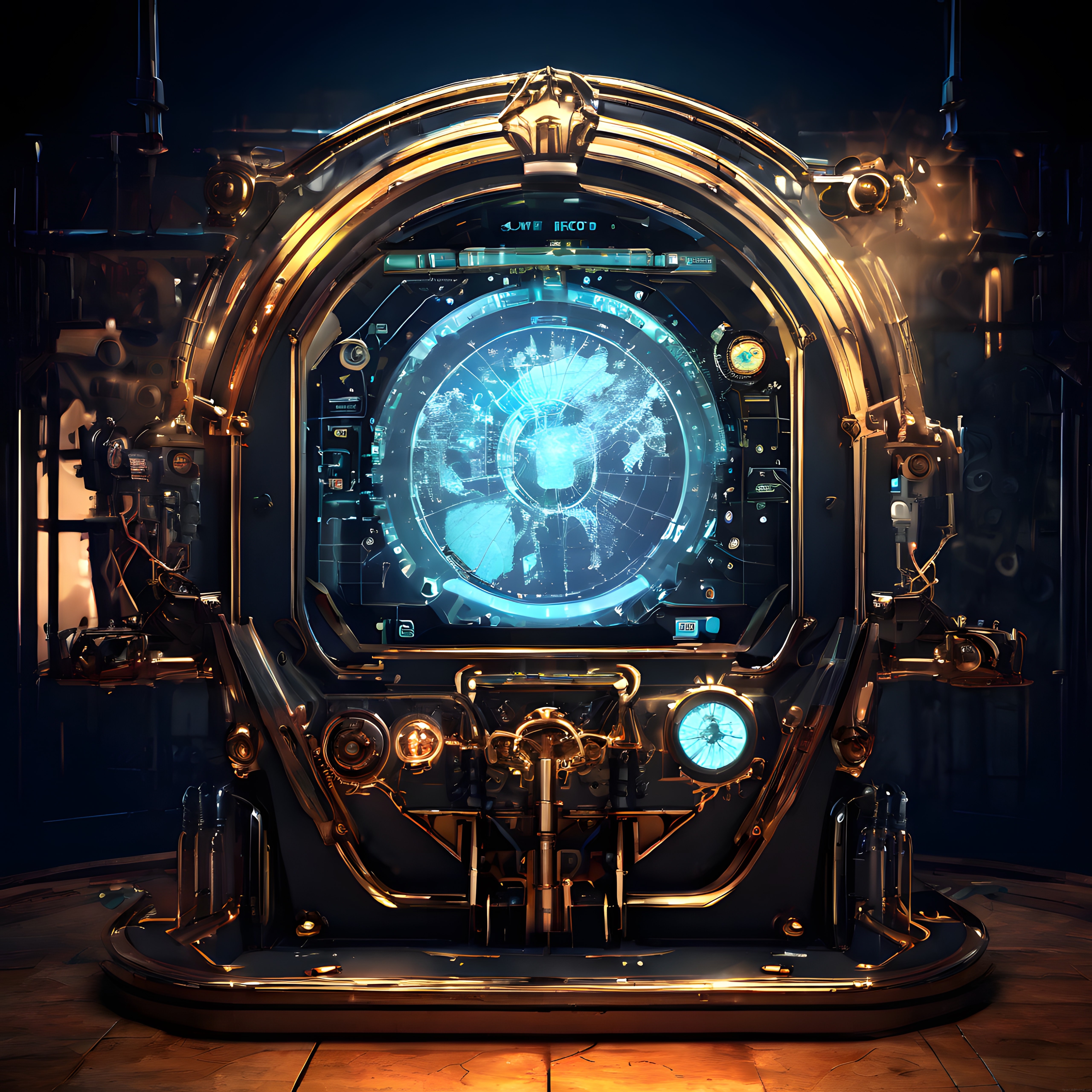 Steampunk Tarzı Holografik Dünya Haritalı Geleceğin Dijital Kontrol Paneli