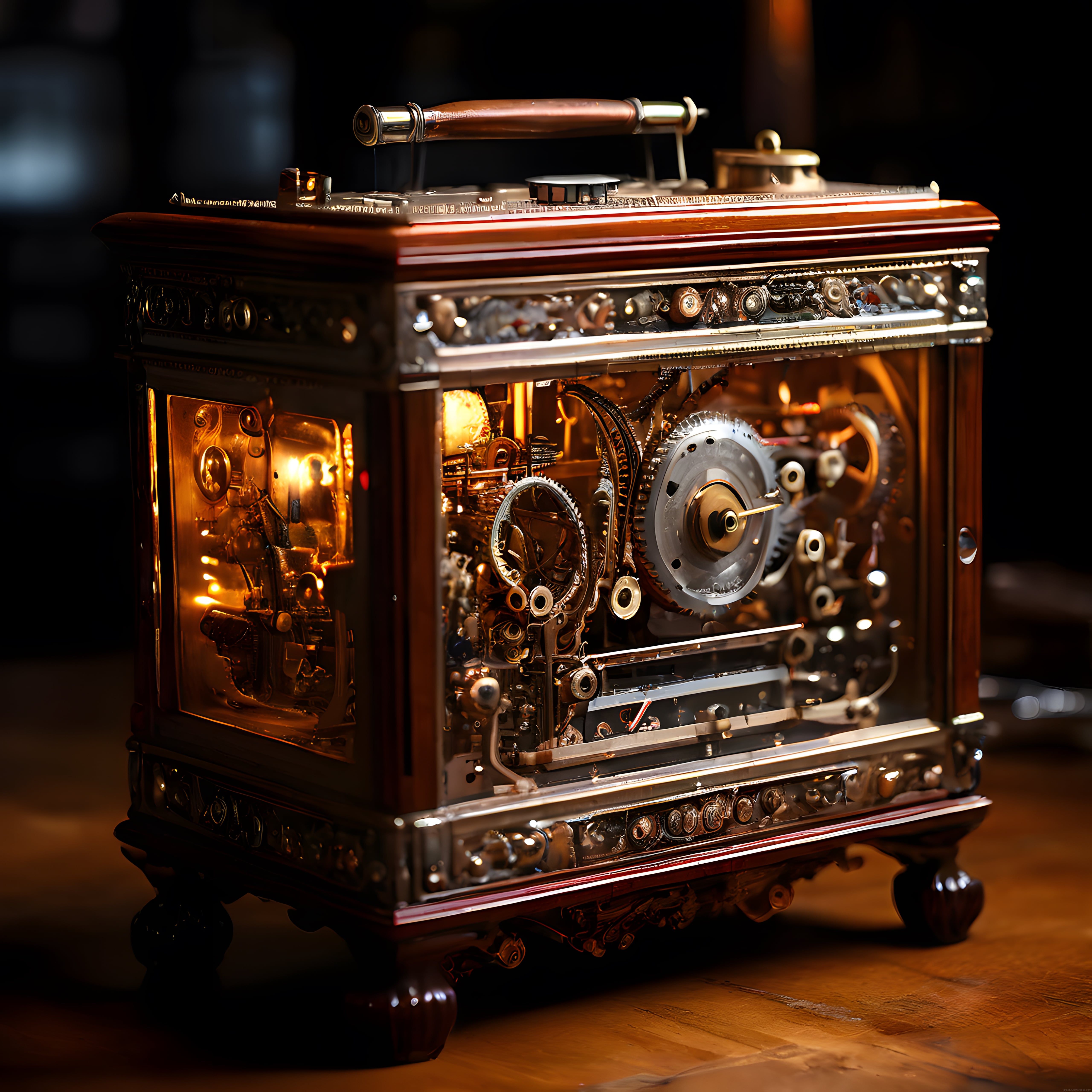 Steampunk Tarzı Işıklı Antika Mekanik Kutu ve Ortaya Çıkan Dişli Detayları