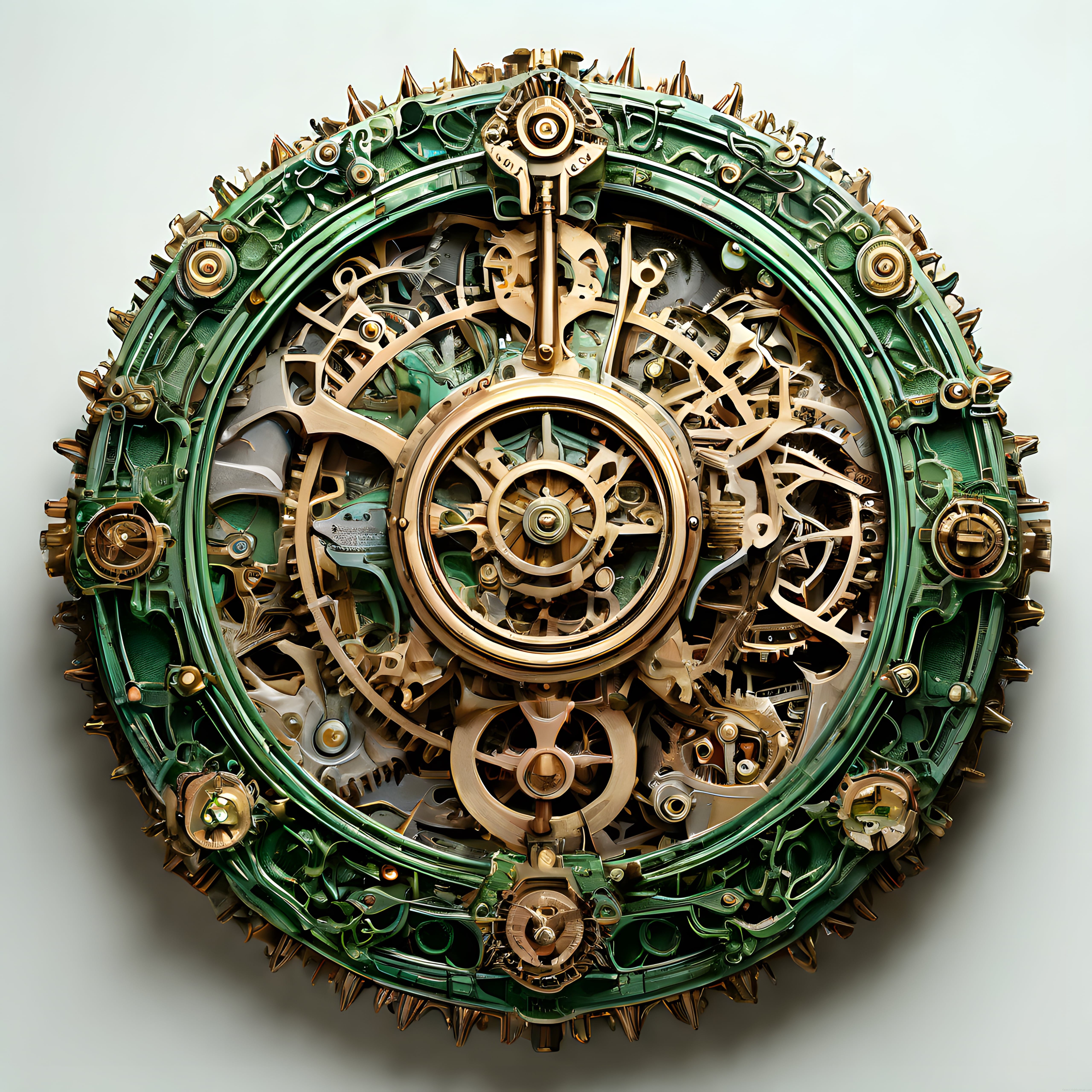 Steampunk Tarzı Yeşil ve Altın Renkli Detaylı Mekanik Saat Kalibre Görseli