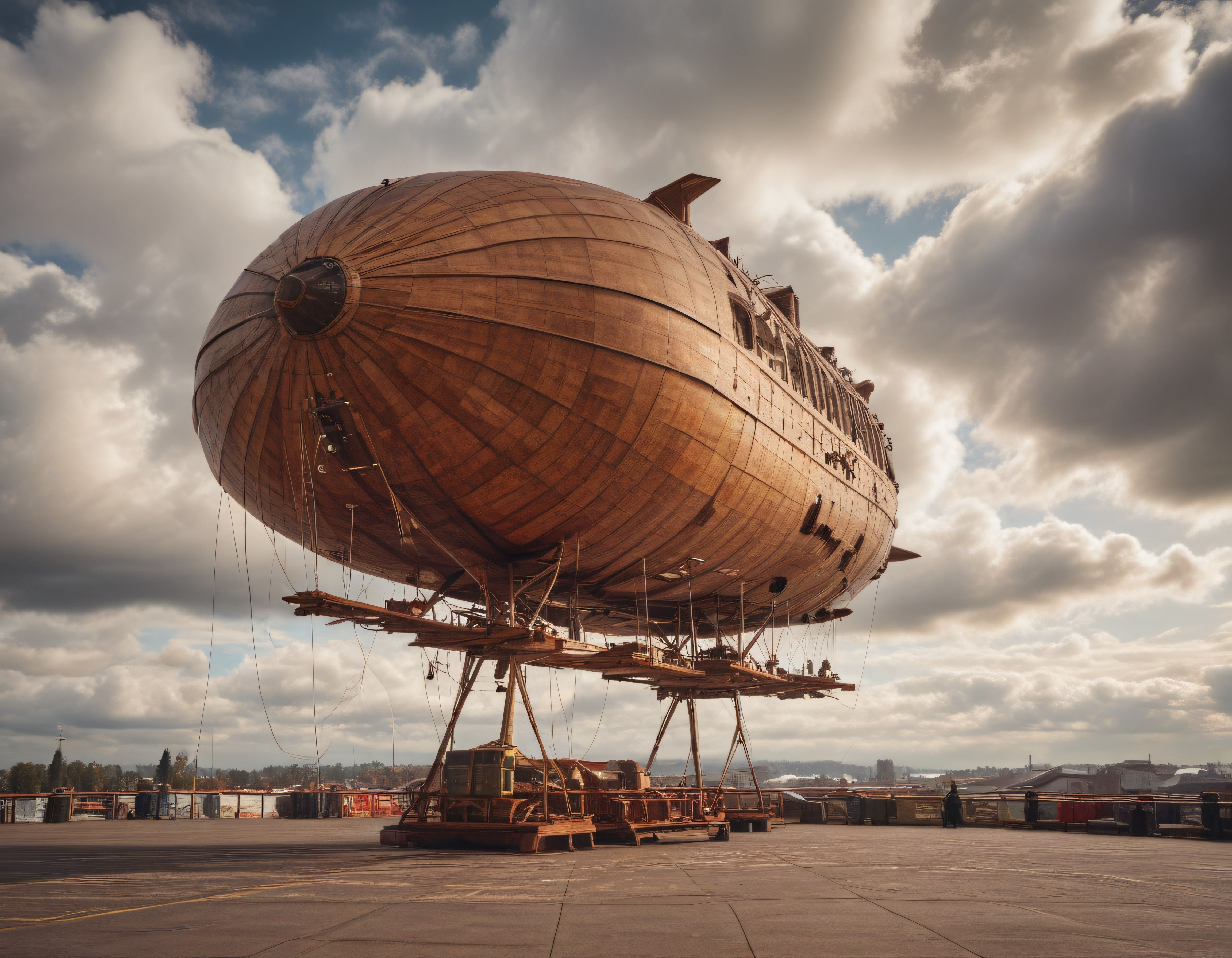 Steampunk Tarzında Dev Ahşap Zeplin ve Dramatik Bulutlu Gökyüzü Manzarası