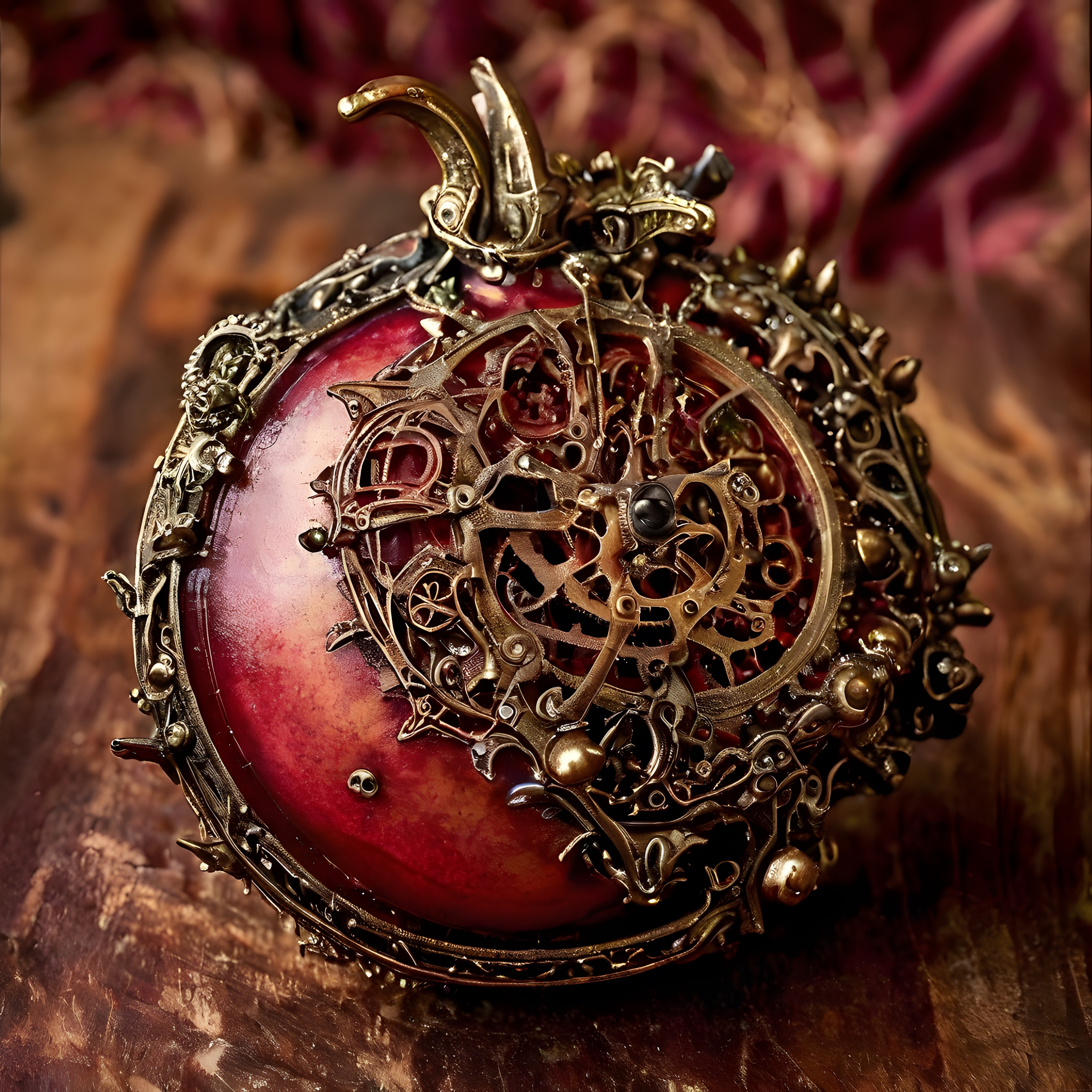 Steampunk Tarzında Mekanik Dişlilerle Süslenmiş Sanatsal Nar Figürü