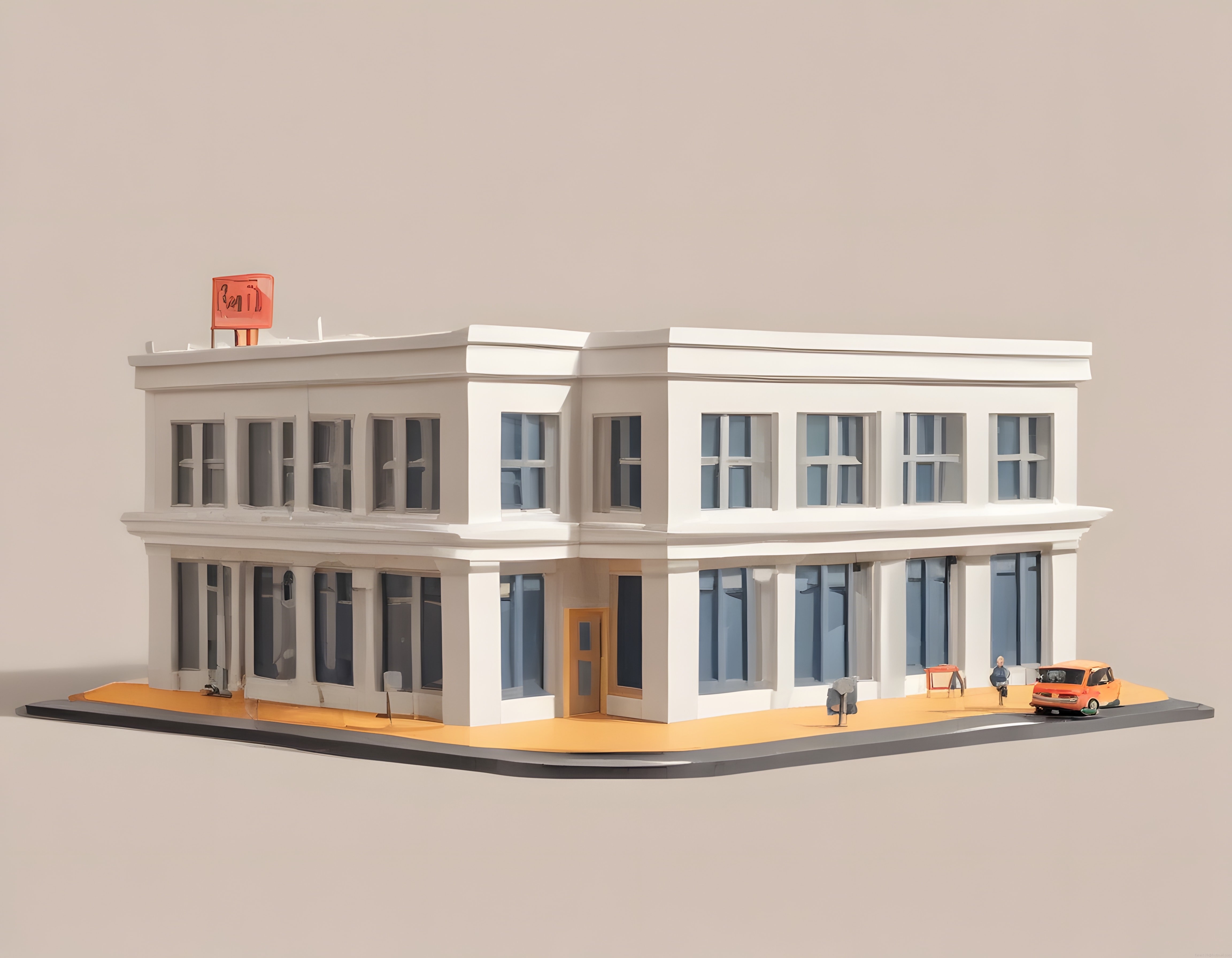 Stilize 3D Köşe Binası: İki Katlı Beyaz Cephe, Turuncu Araç ve Sokak Lambası