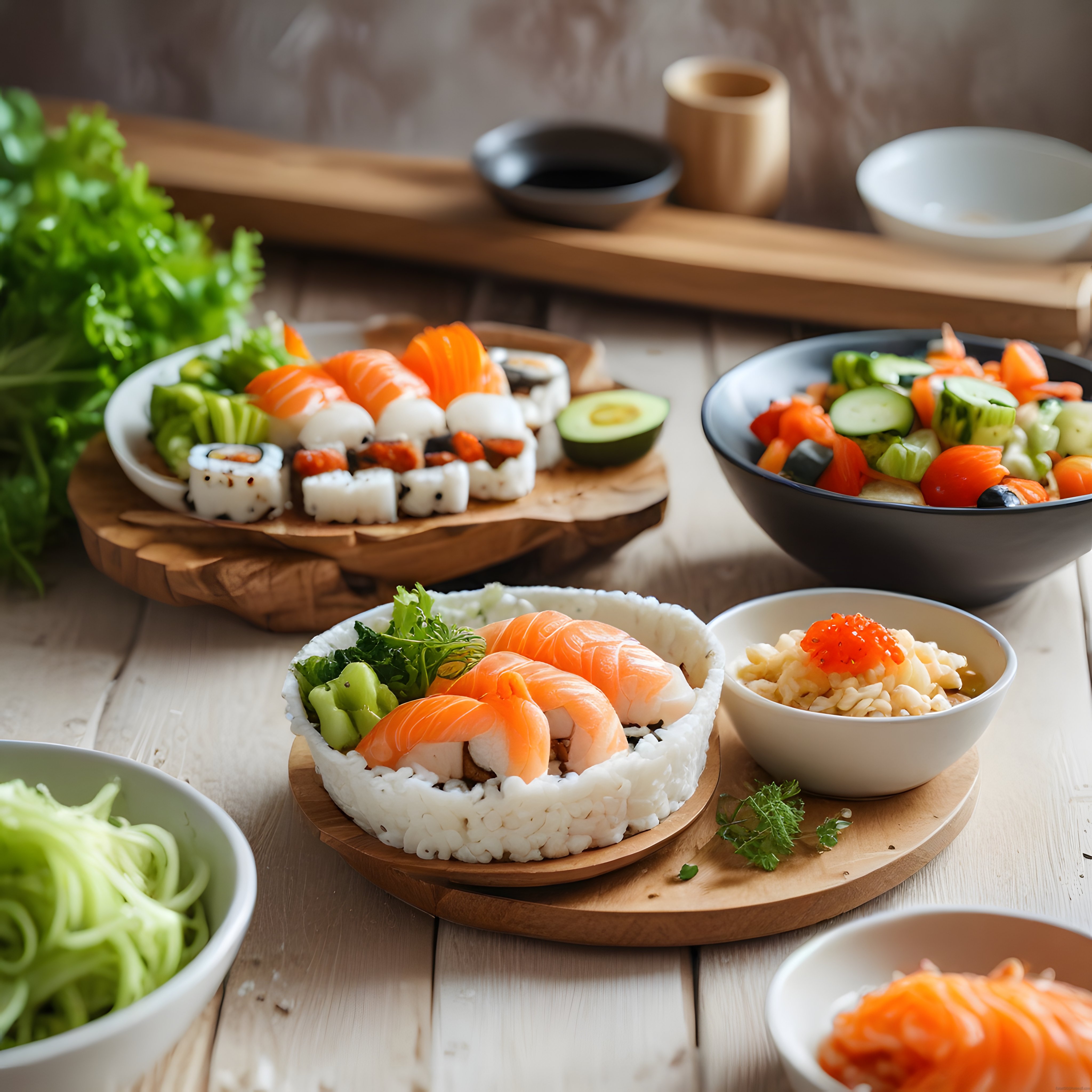 Stilize Ahşap Mutfakta Taze Somon Sushi ve Japon Mezeleriyle Egzotik Sunum