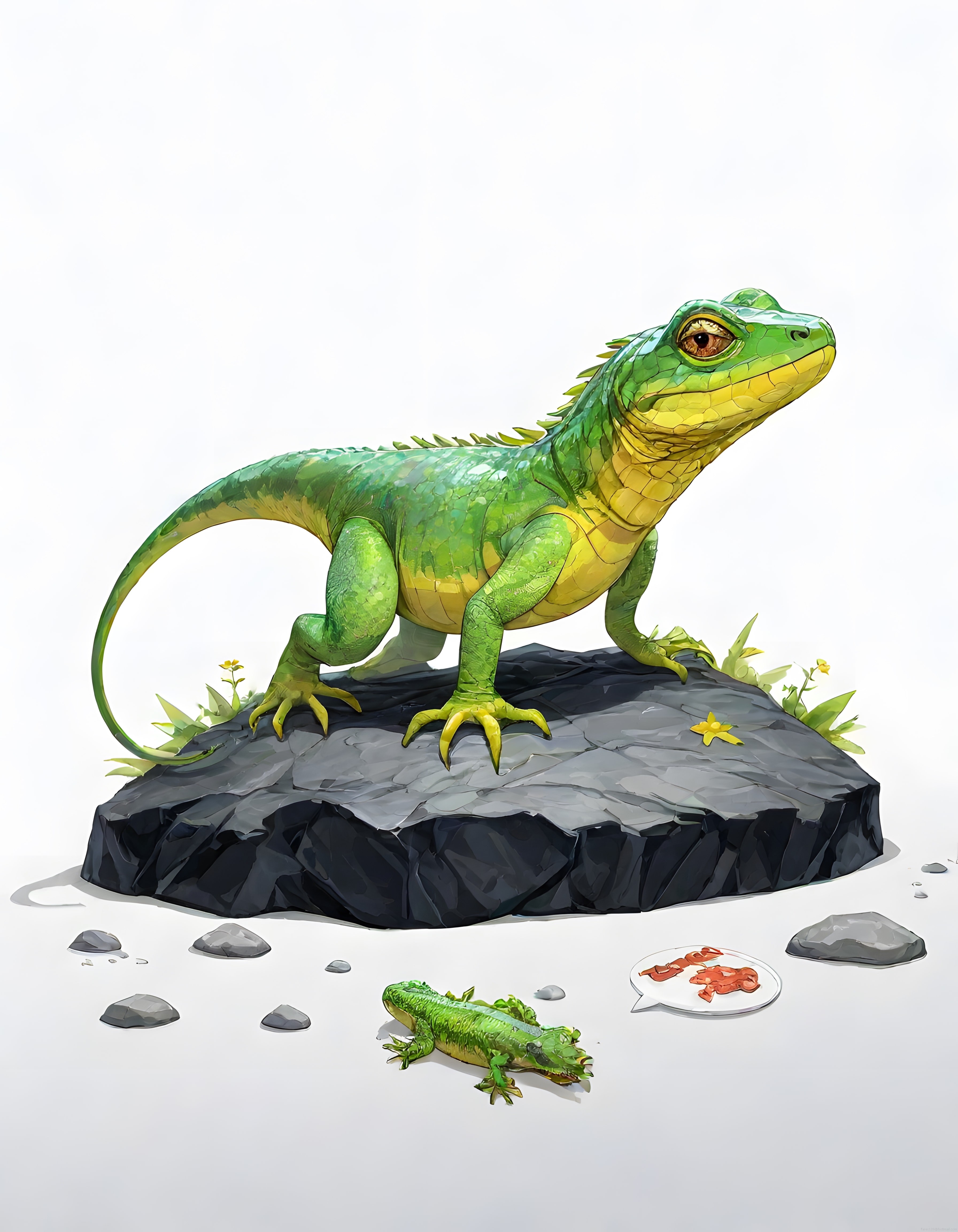 Stilize Yeşil İguana Dijital Konsept Çizimi ve Küçük Figür Modeli