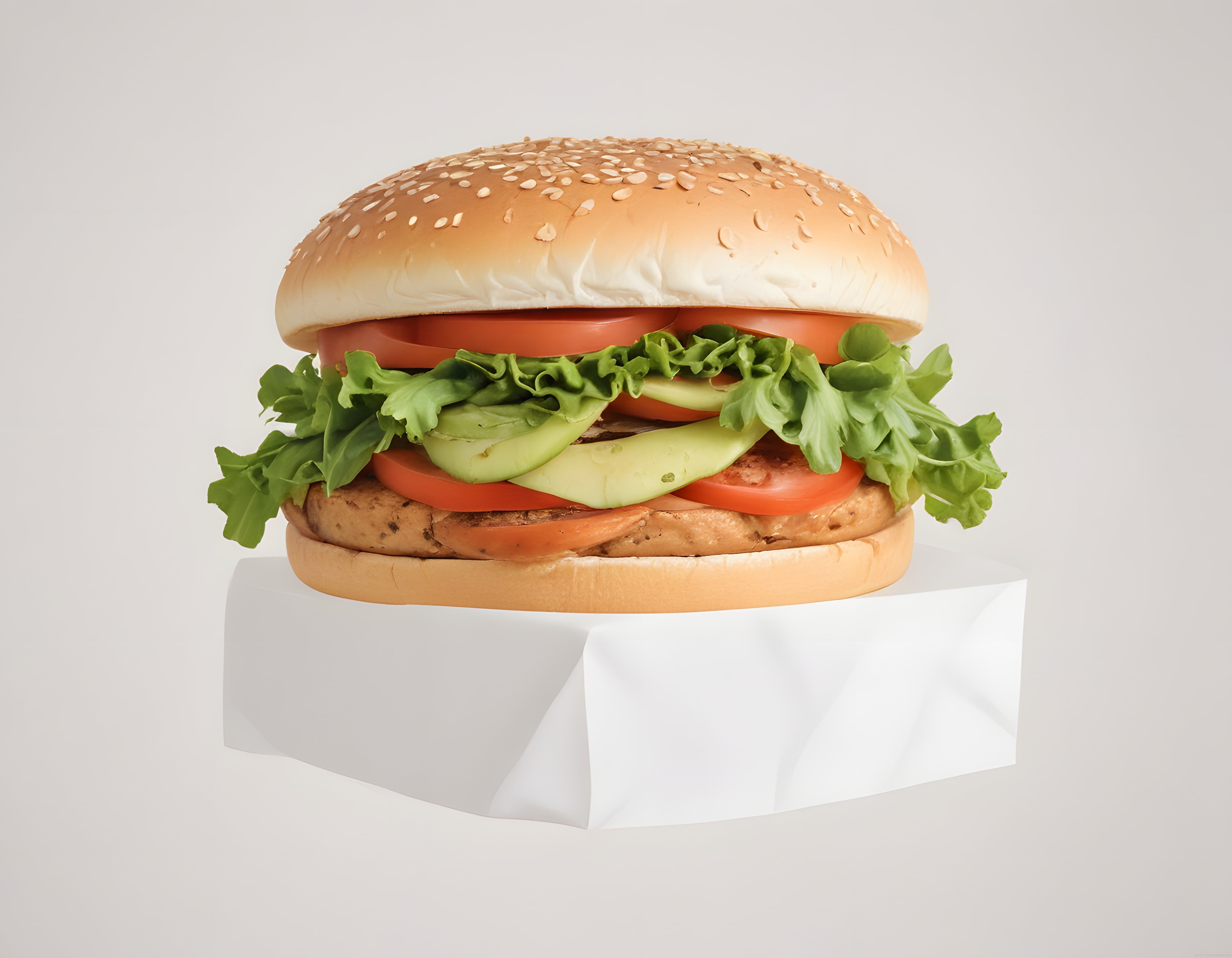 Studio ortamında susamlı ekmek arası taze sebzeli köfteli hamburger görseli