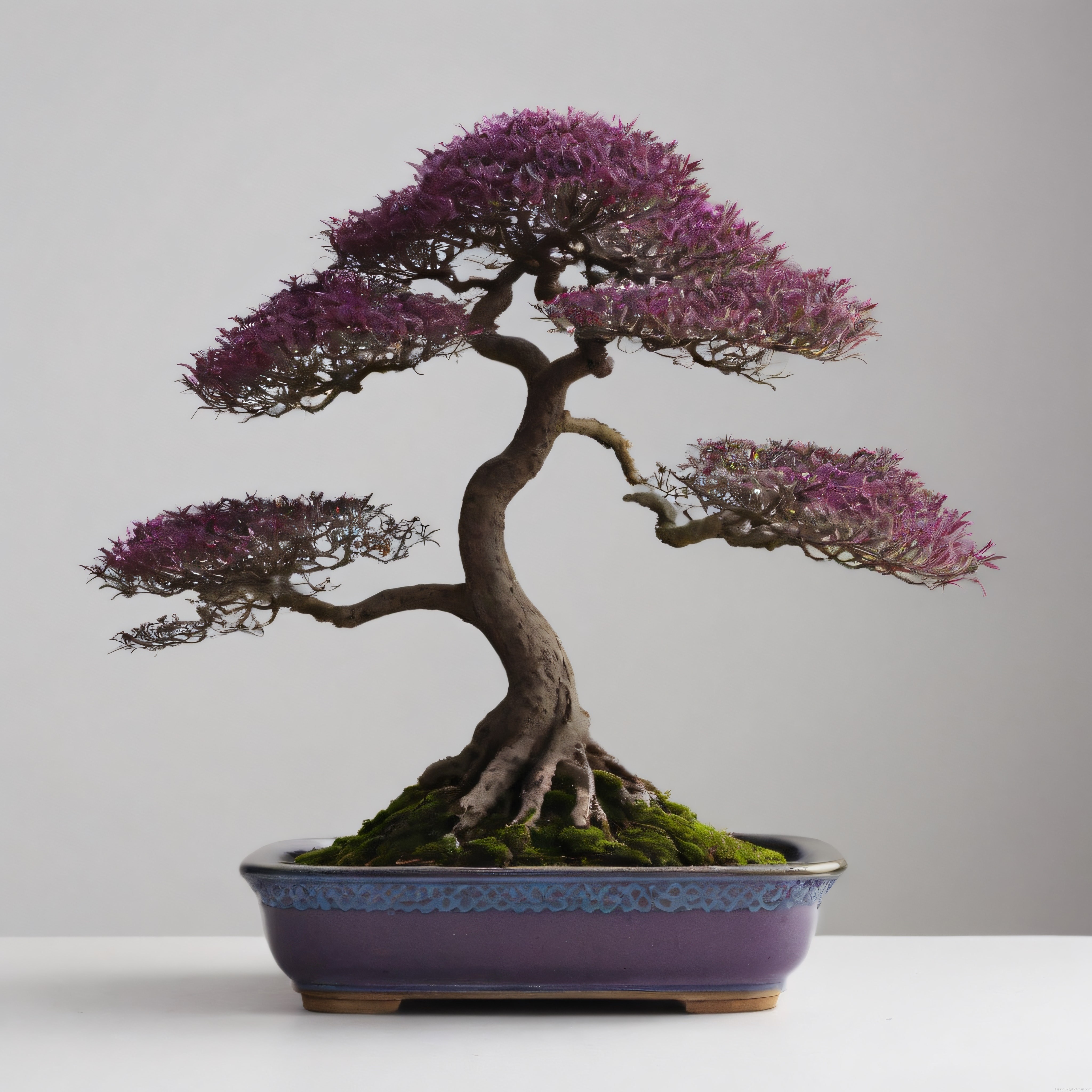 Stüdyo Arka Planında Mor Yapraklı Bonsai Ağacı ve Yosunlu Kök Detayları